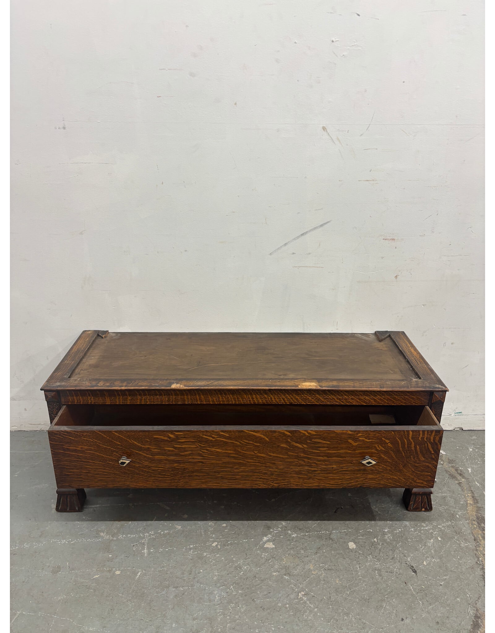 Antique Storage Bench with Carved Wood (Needs Cushion)
