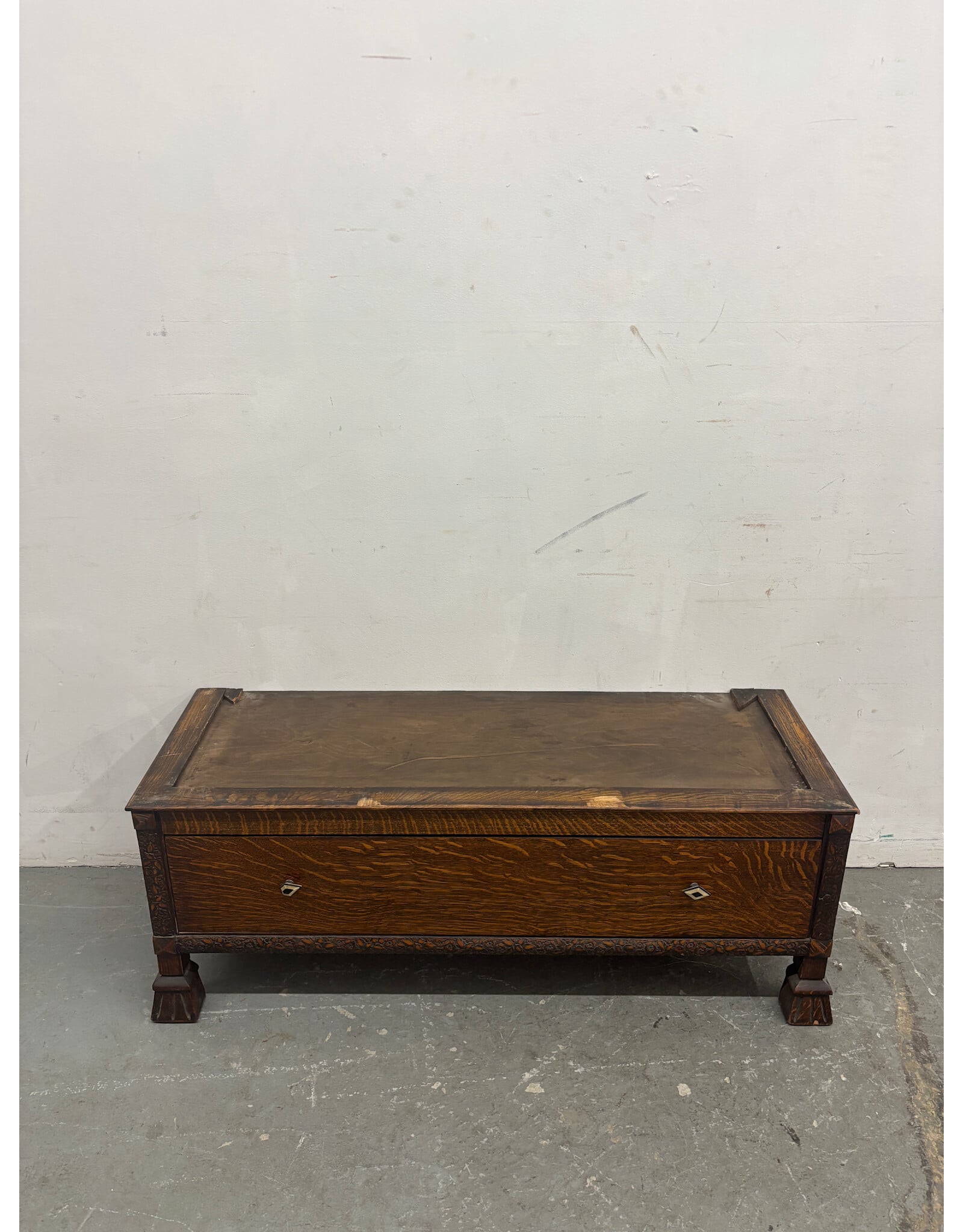 Antique Storage Bench with Carved Wood (Needs Cushion)