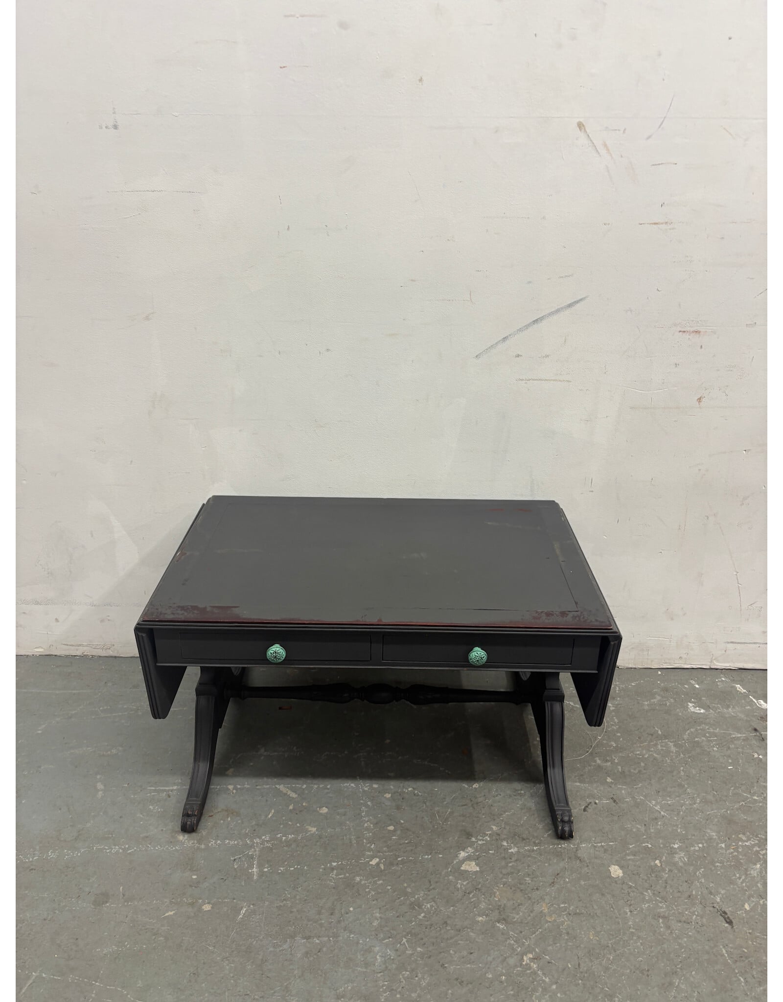 Black Vintage Drop Leaf Coffee Table with Aqua Knobs