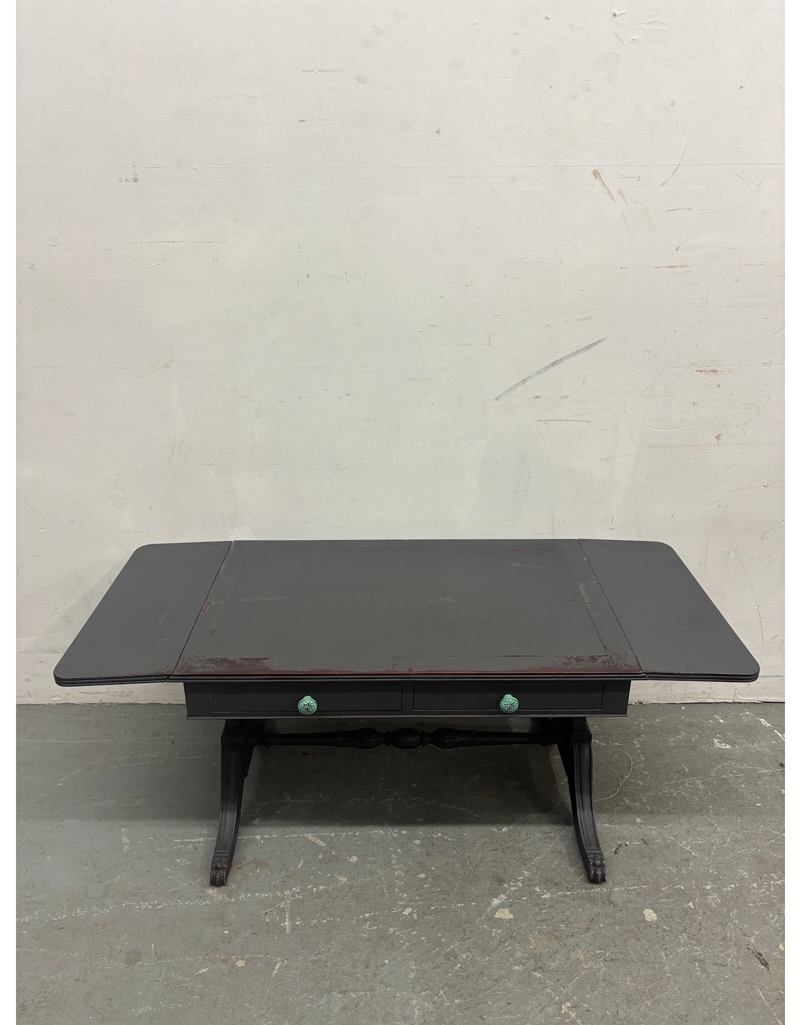 Black Vintage Drop Leaf Coffee Table with Aqua Knobs