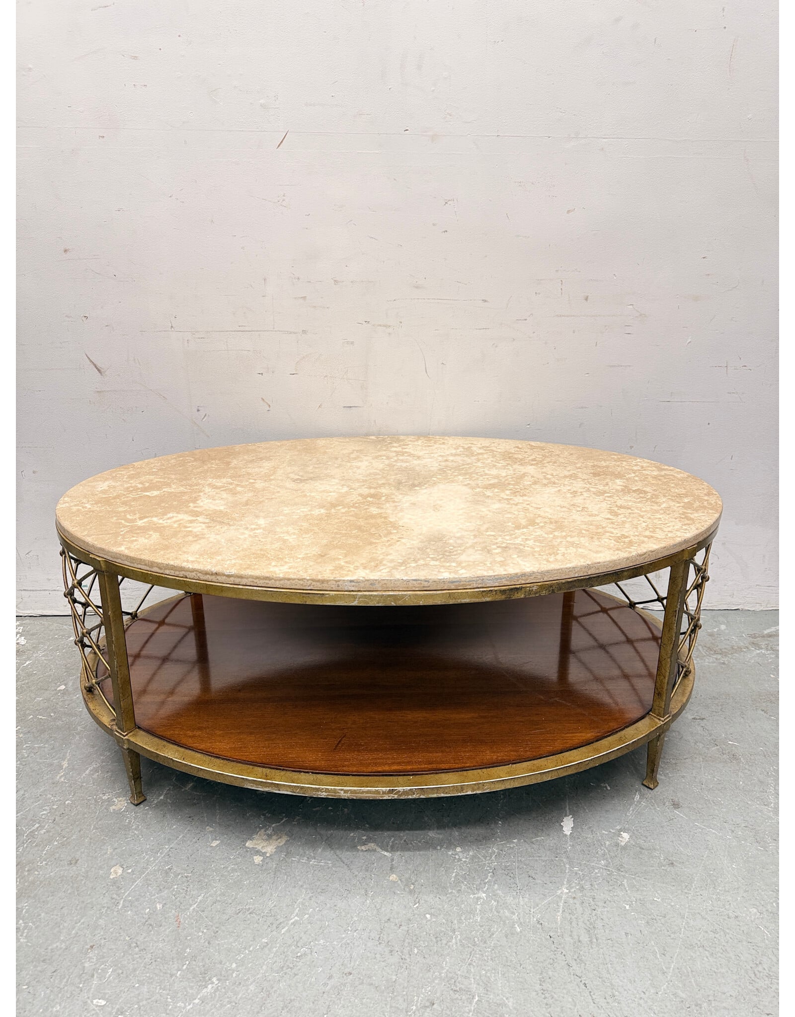 Antique-Style Stone Top on Top of Gold Finish Steel Frame Cocktail Table