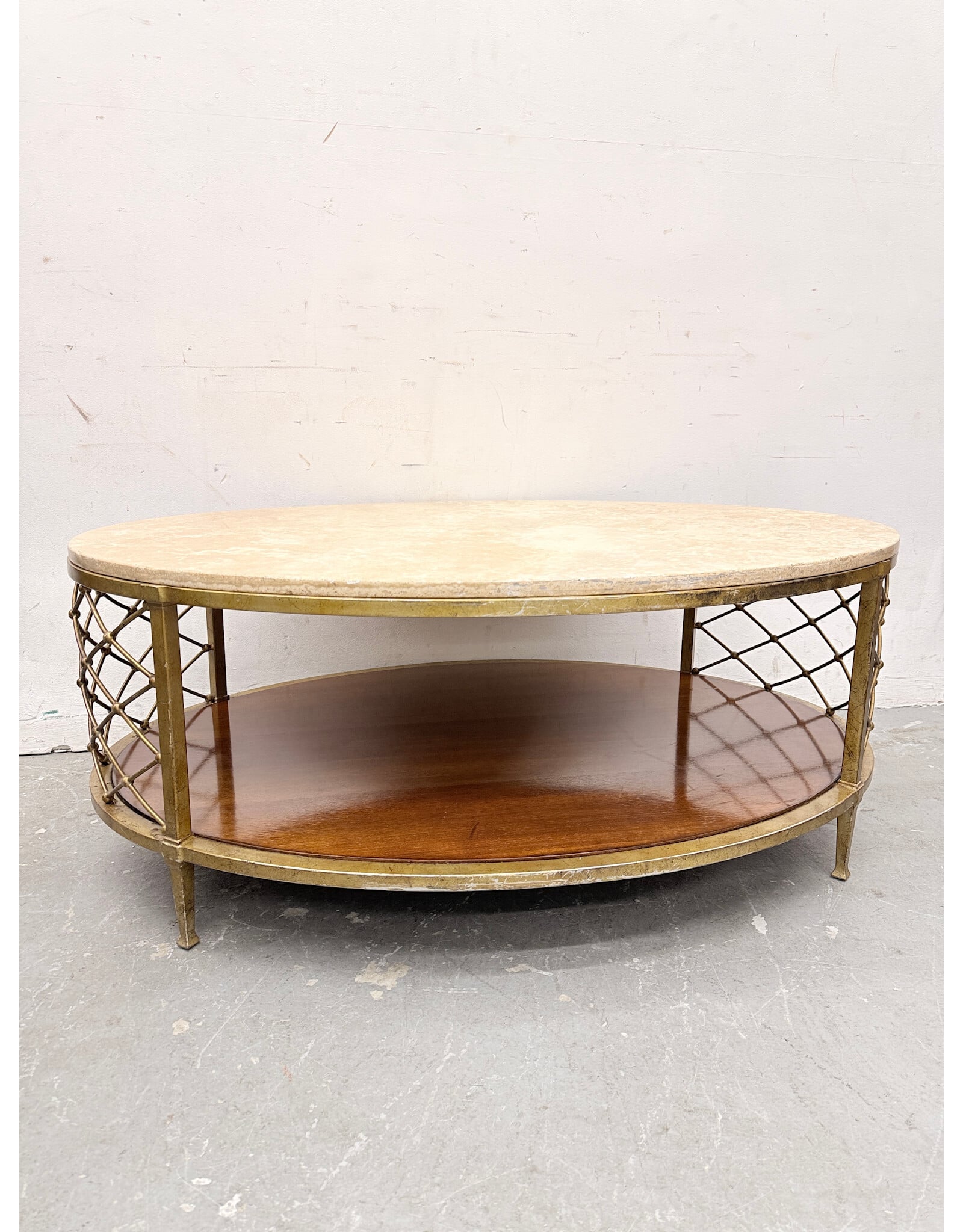 Antique-Style Stone Top on Top of Gold Finish Steel Frame Cocktail Table
