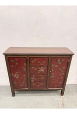 Red Floral Painted Entryway Cabinet