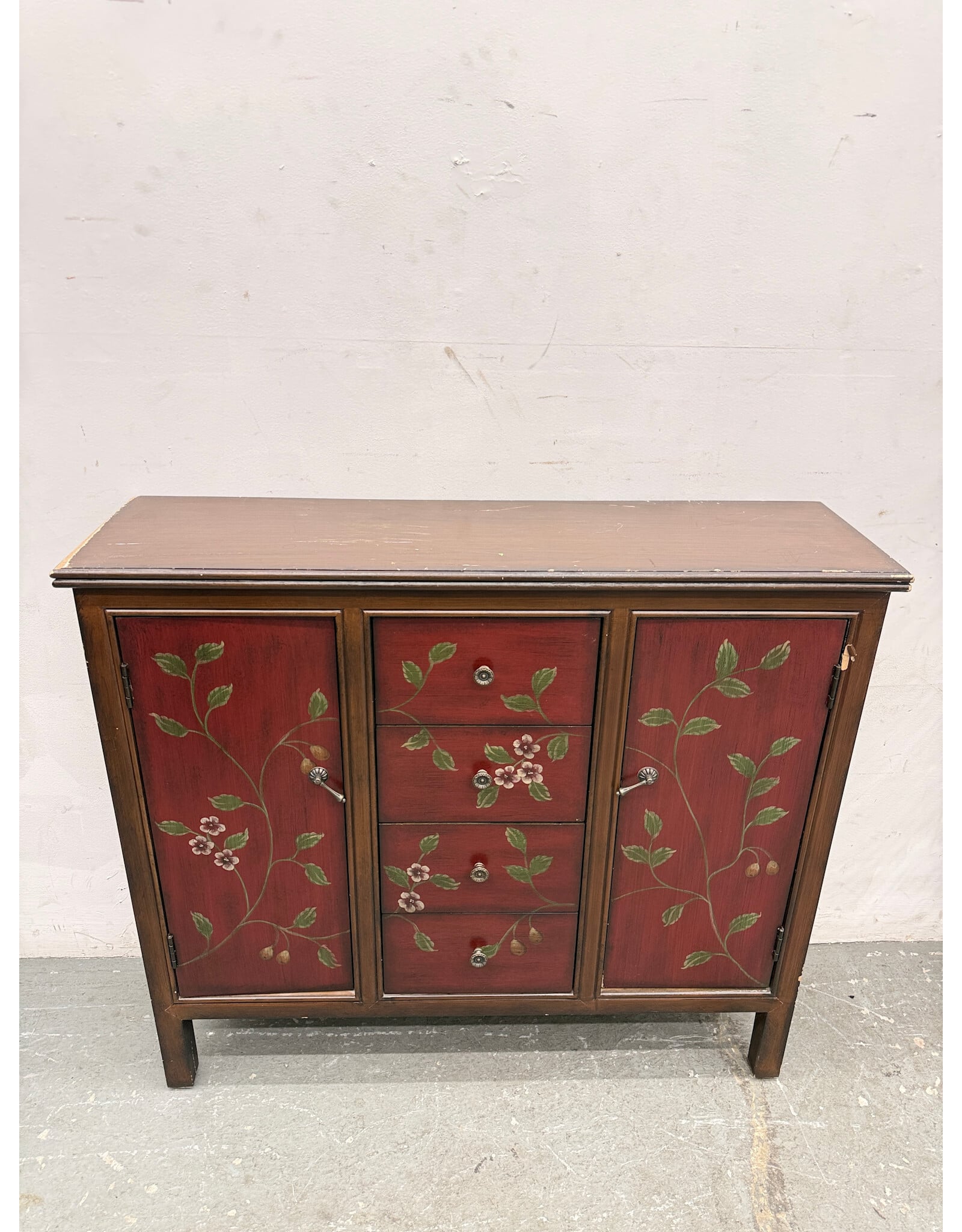 Red Floral Painted Entryway Cabinet