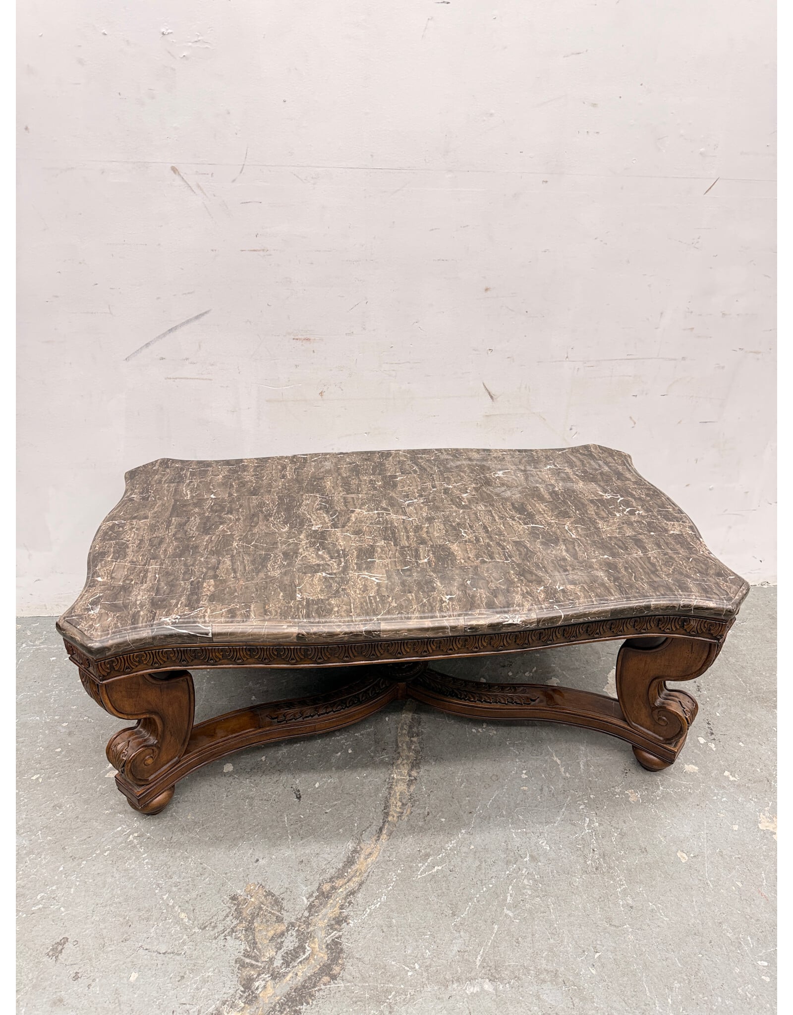 Beveled Marble Coffee Table with Wood Base