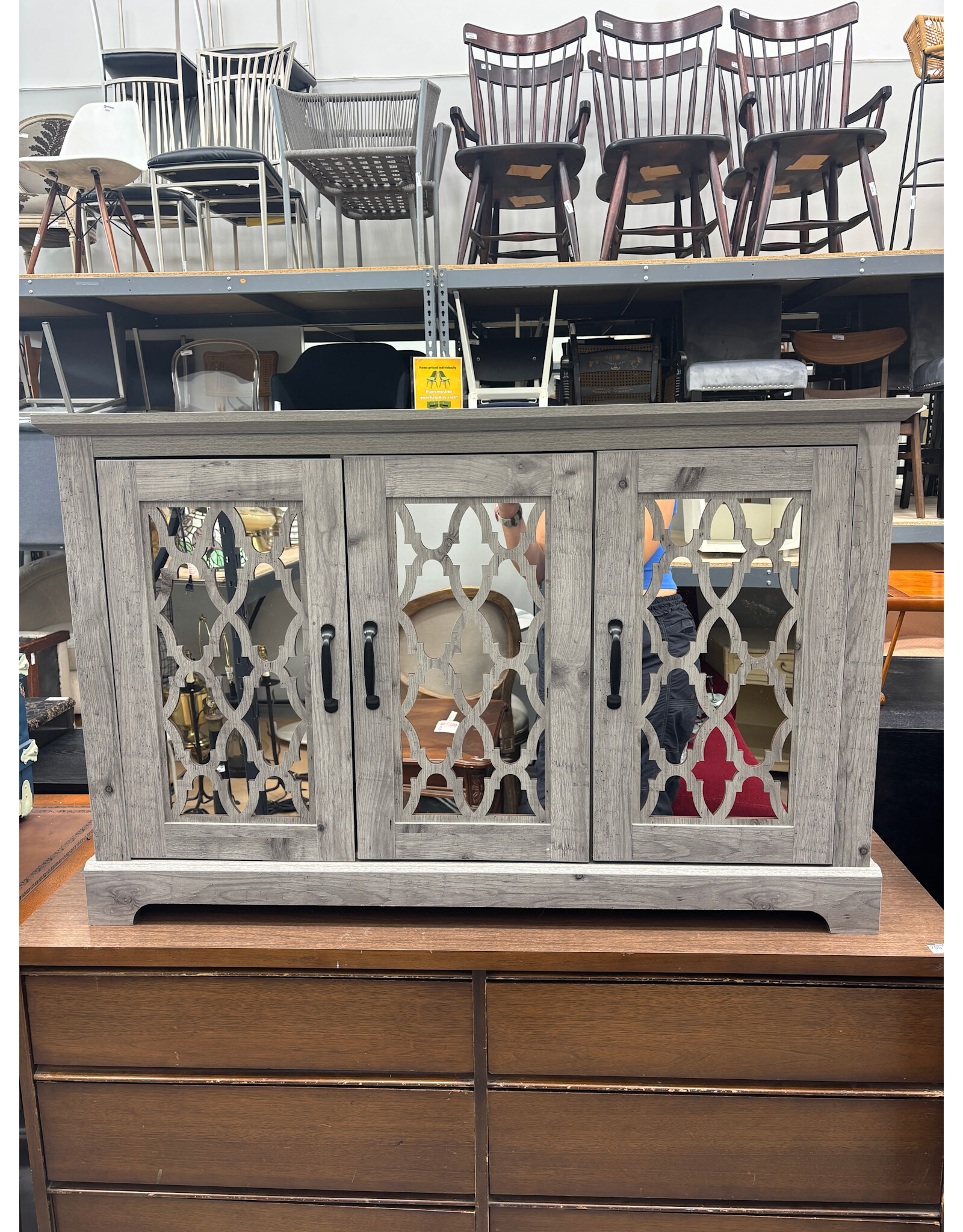 Gray and Mirrored Farmhouse Style Sideboard Cabinet