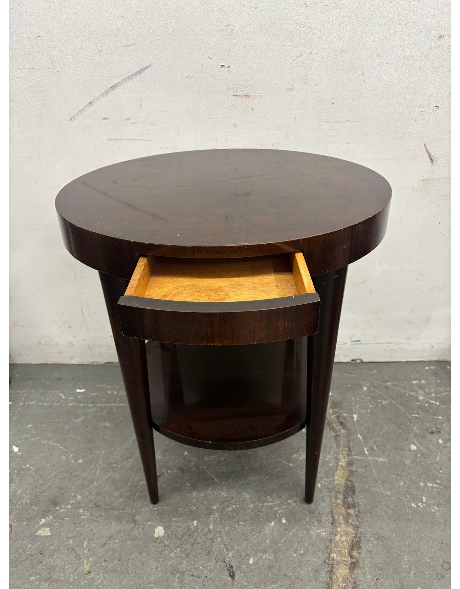 Early Herman Miller Burlwood Round, 1 Drawer Side Table