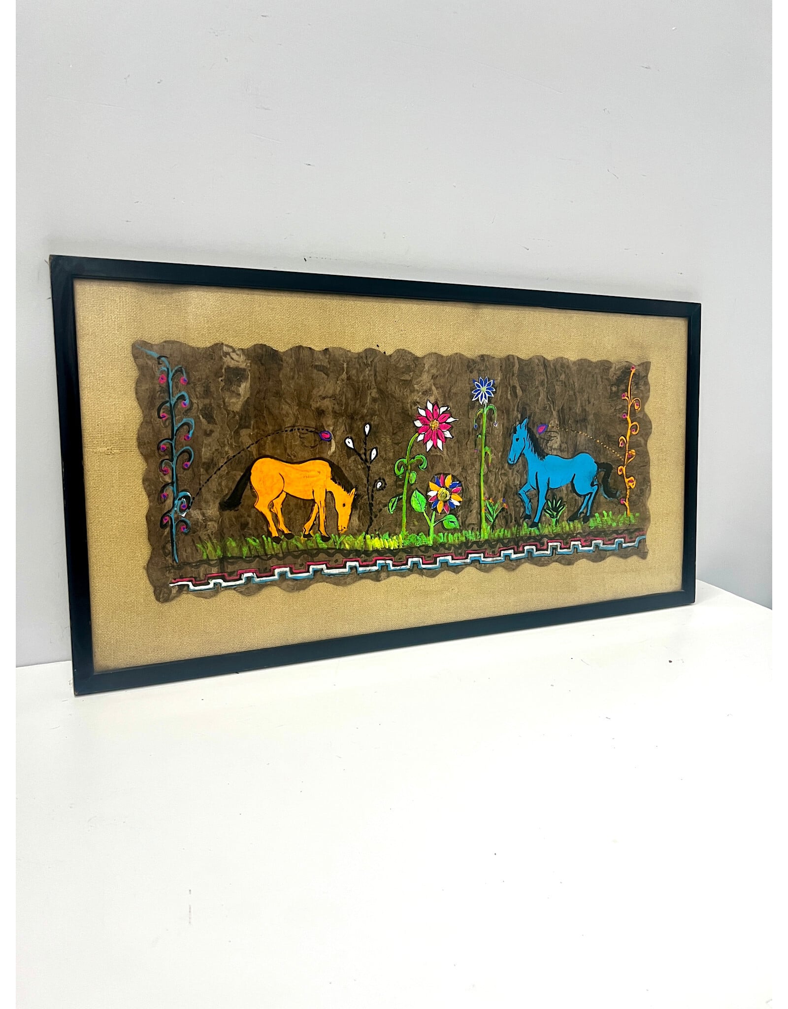 Mexican Amate Bark Paper Painting of Horses