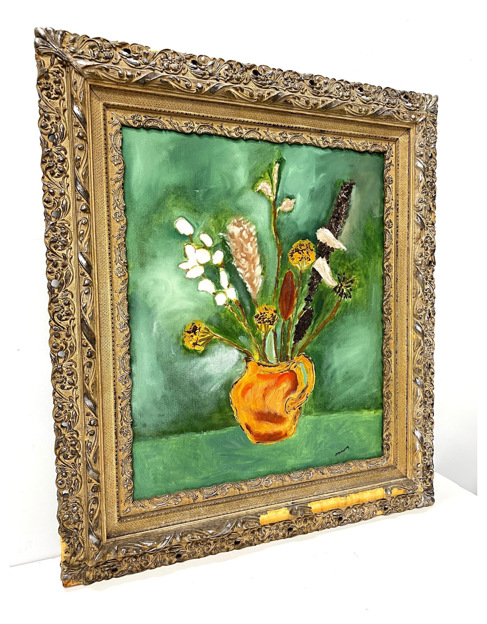 Still Life of Flowers in a Vase, framed painting--AS IS