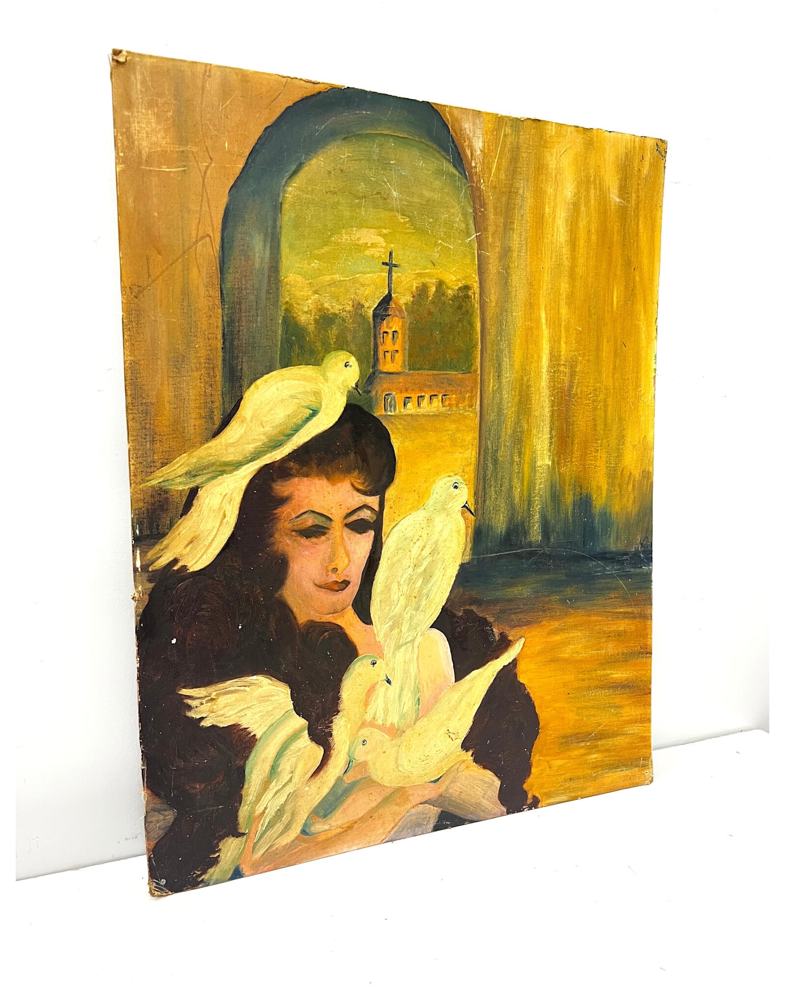 Woman and White Doves, painting on board
