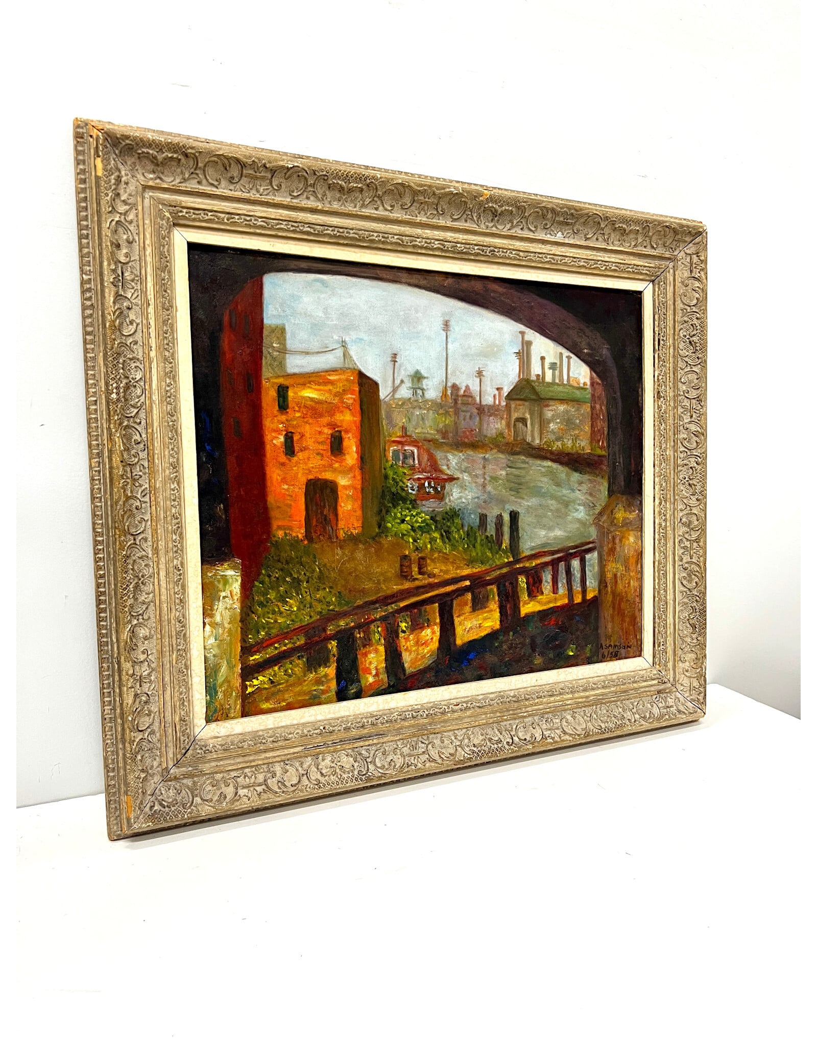 River View, framed painting on board, sgnd A. Samson 6/58