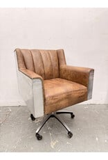 Vintage Brown Leather Aviator Metal Swivel Office Armchair