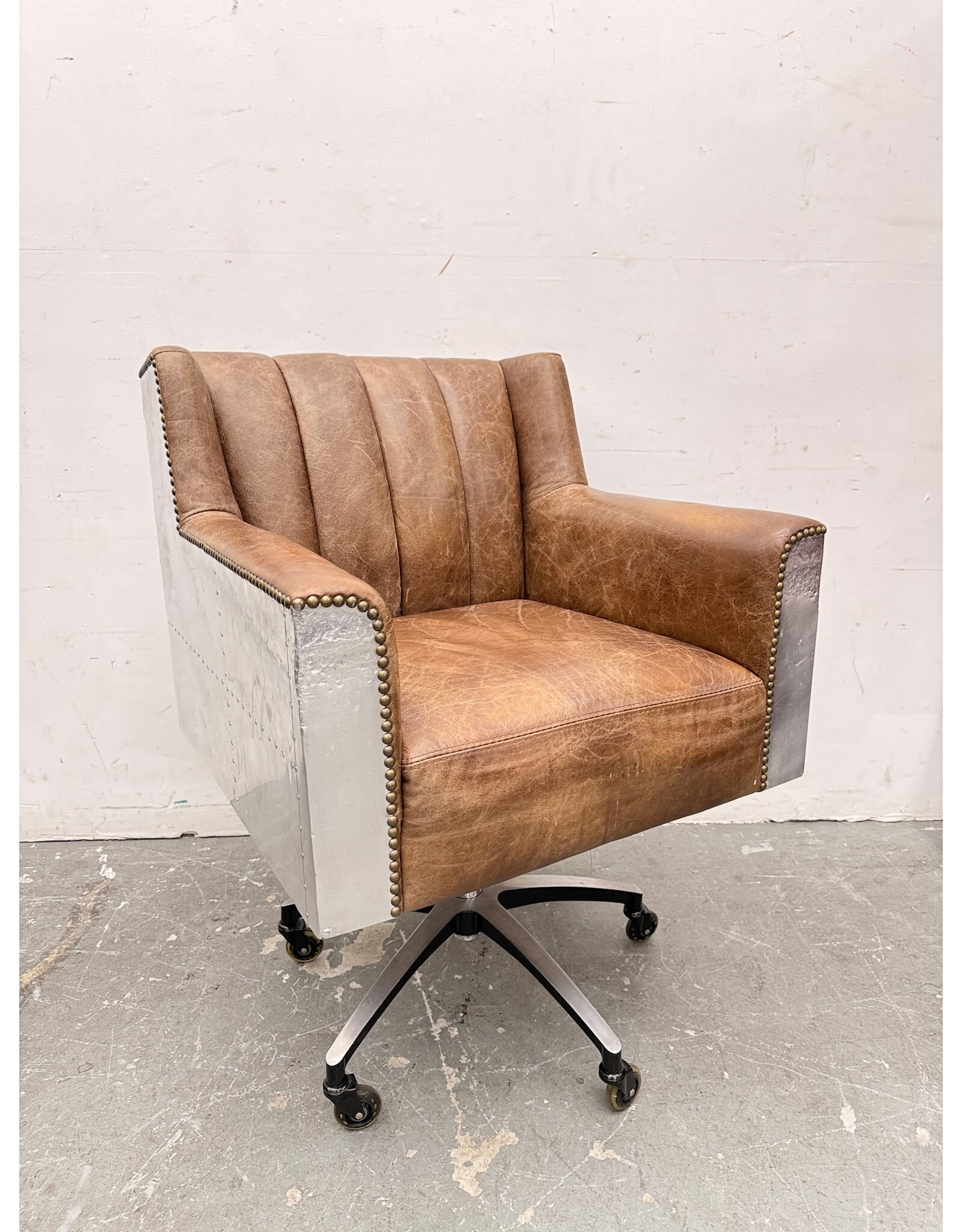 Vintage Brown Leather Aviator Metal Swivel Office Armchair