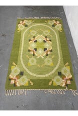 Swedish Flatweave Wool Rug in Green Flowers