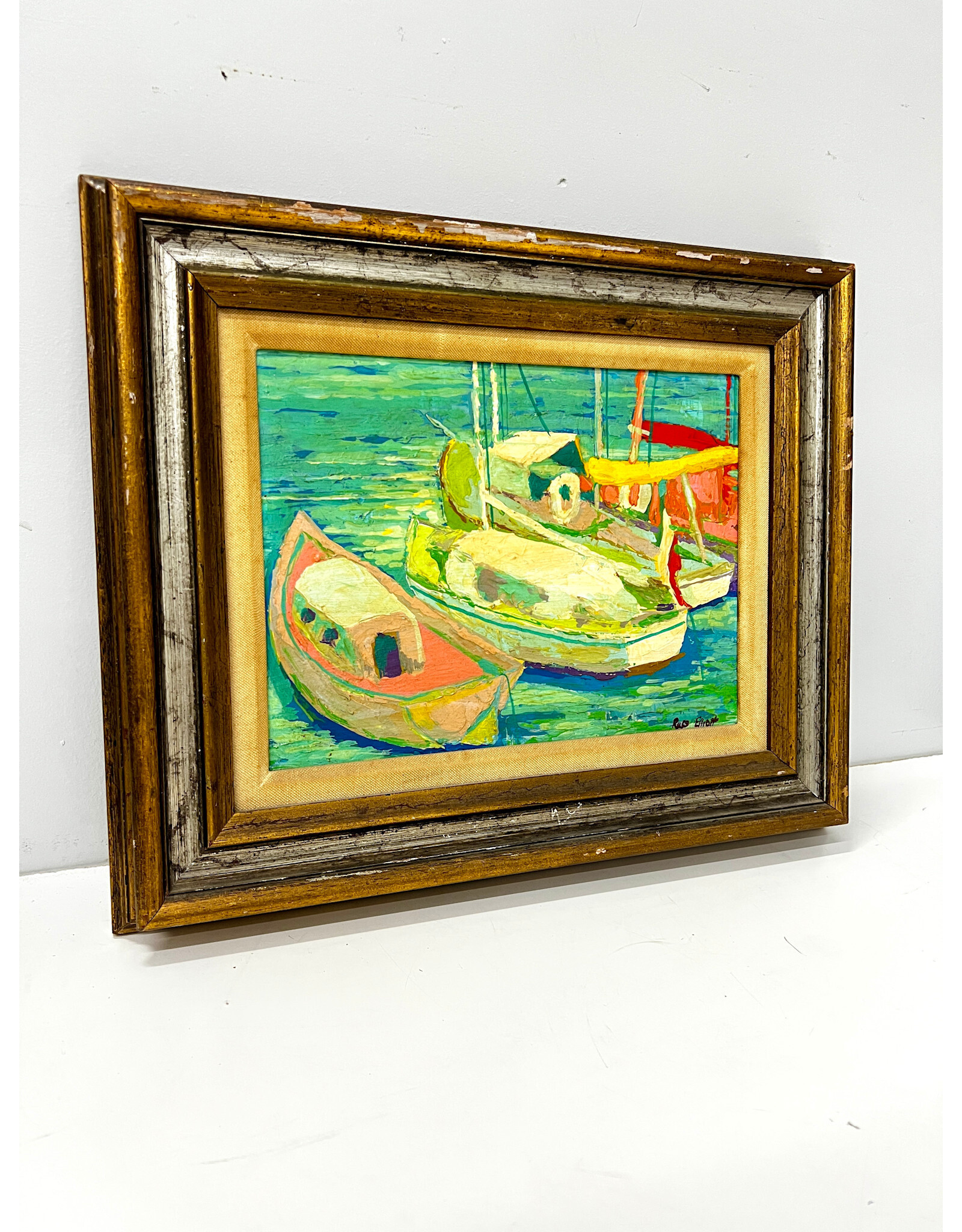 Dock, framed painting, sgnd Russ Elliott