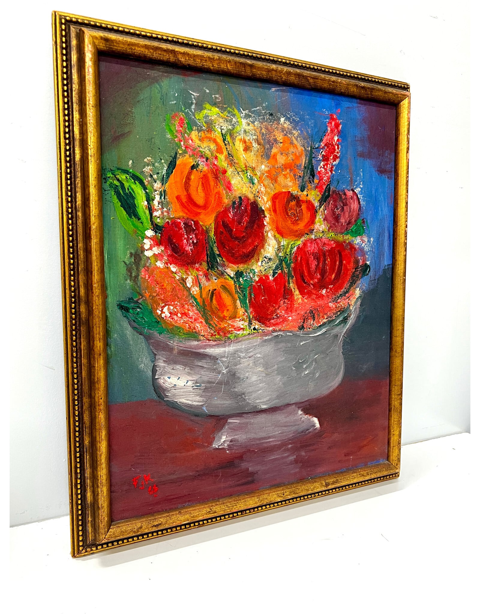 Bowl of Flowers, framed painting on canvas sgnd FJK