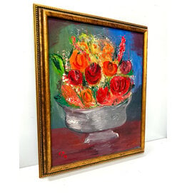 Bowl of Flowers, framed painting on canvas sgnd FJK