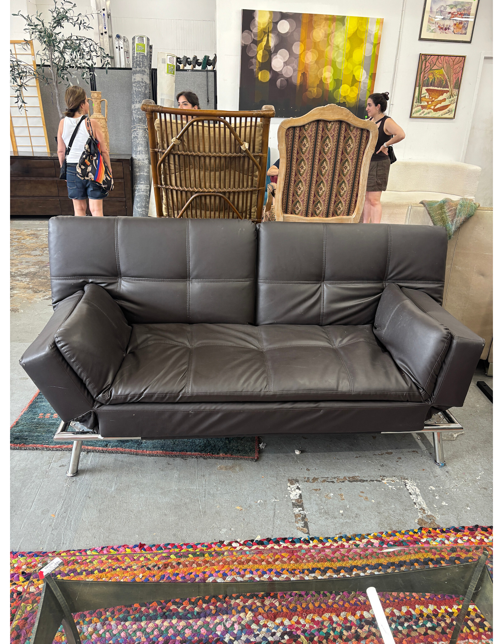 Dark Faux Leather Convertible Futon