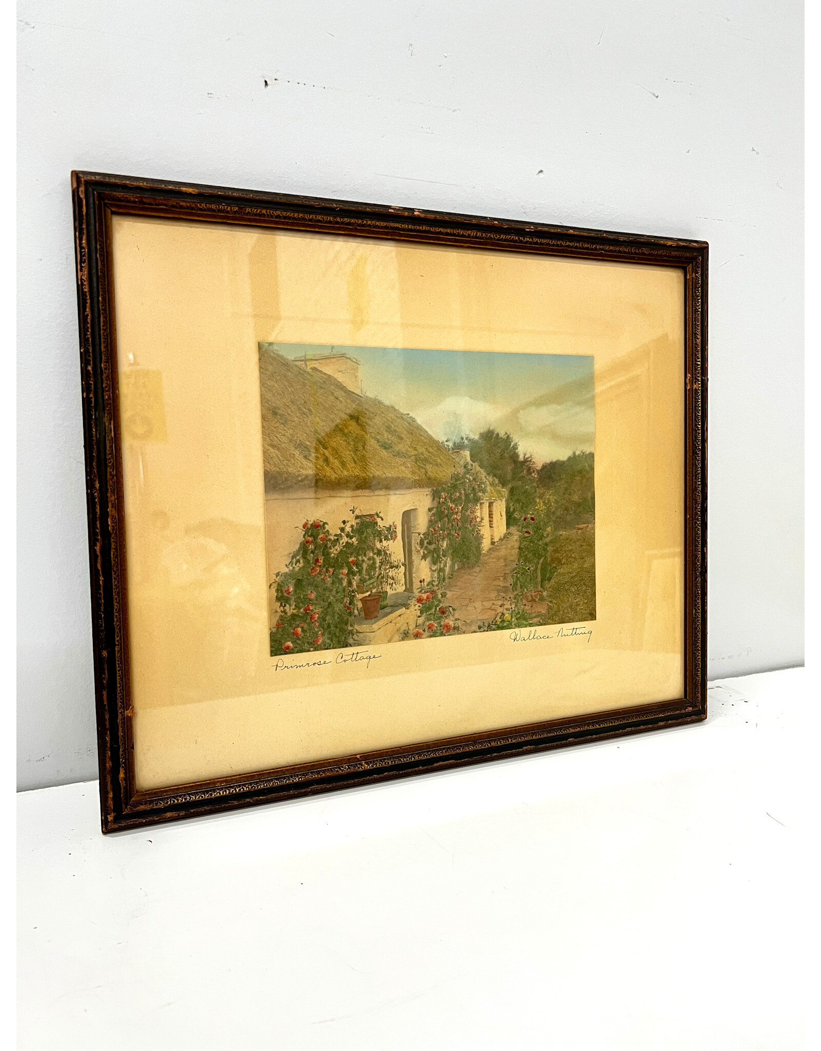 Primrose Cottage, framed colored etching, sgnd Wallace Nutting