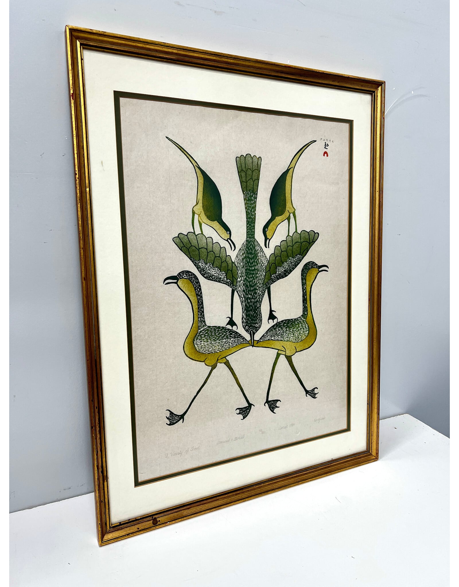A Variety of Fowl by Kenojuak Ashevak, framed stonecut and stencil print, 38/50, Dorset 1984