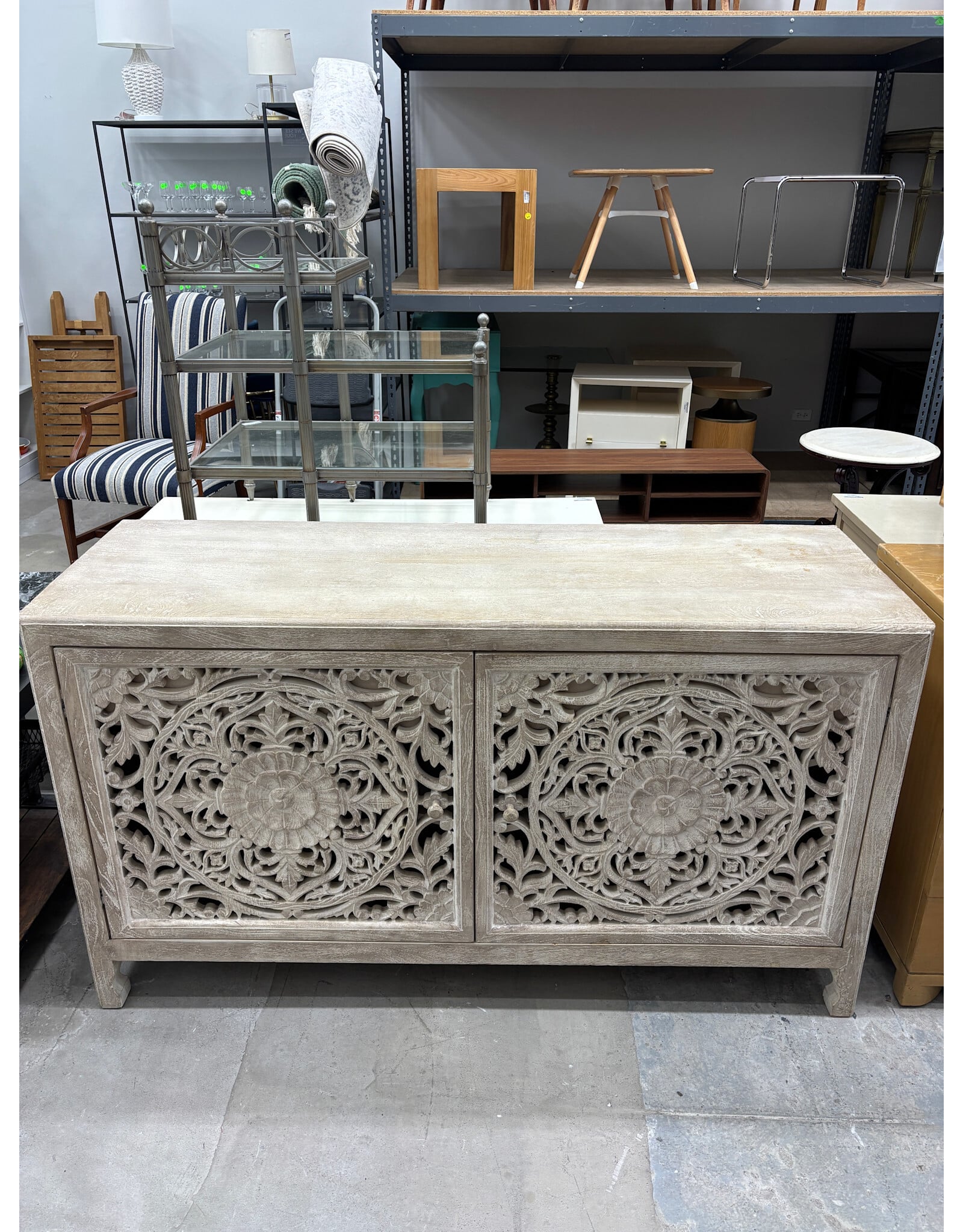 Carved Whitewashed Wood Credenza