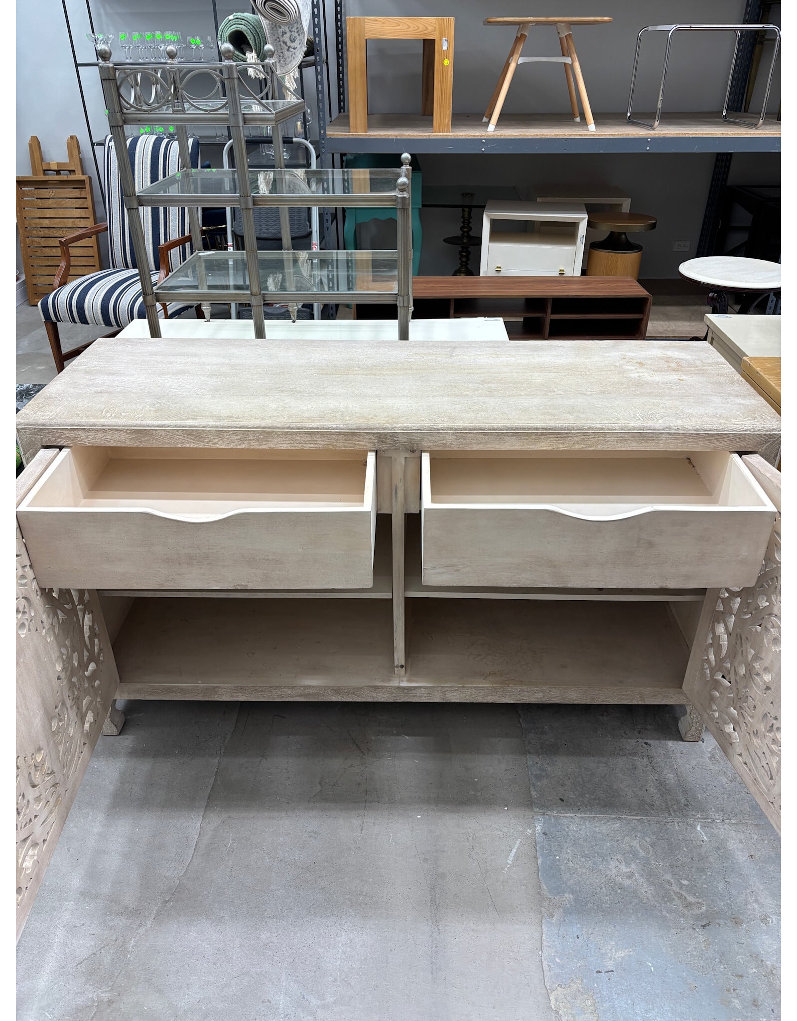 Carved Whitewashed Wood Credenza
