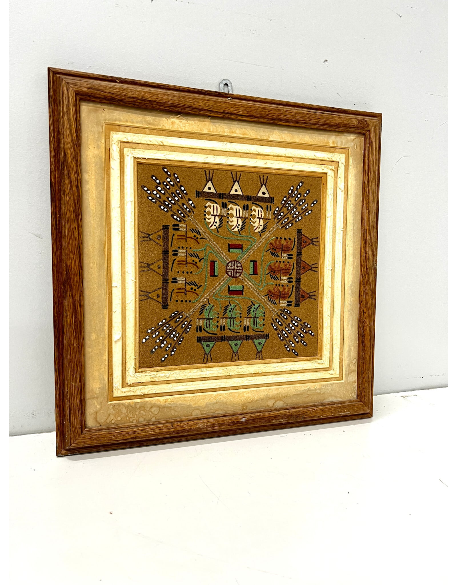 Buffalo People, framed Navajo Sandpainting