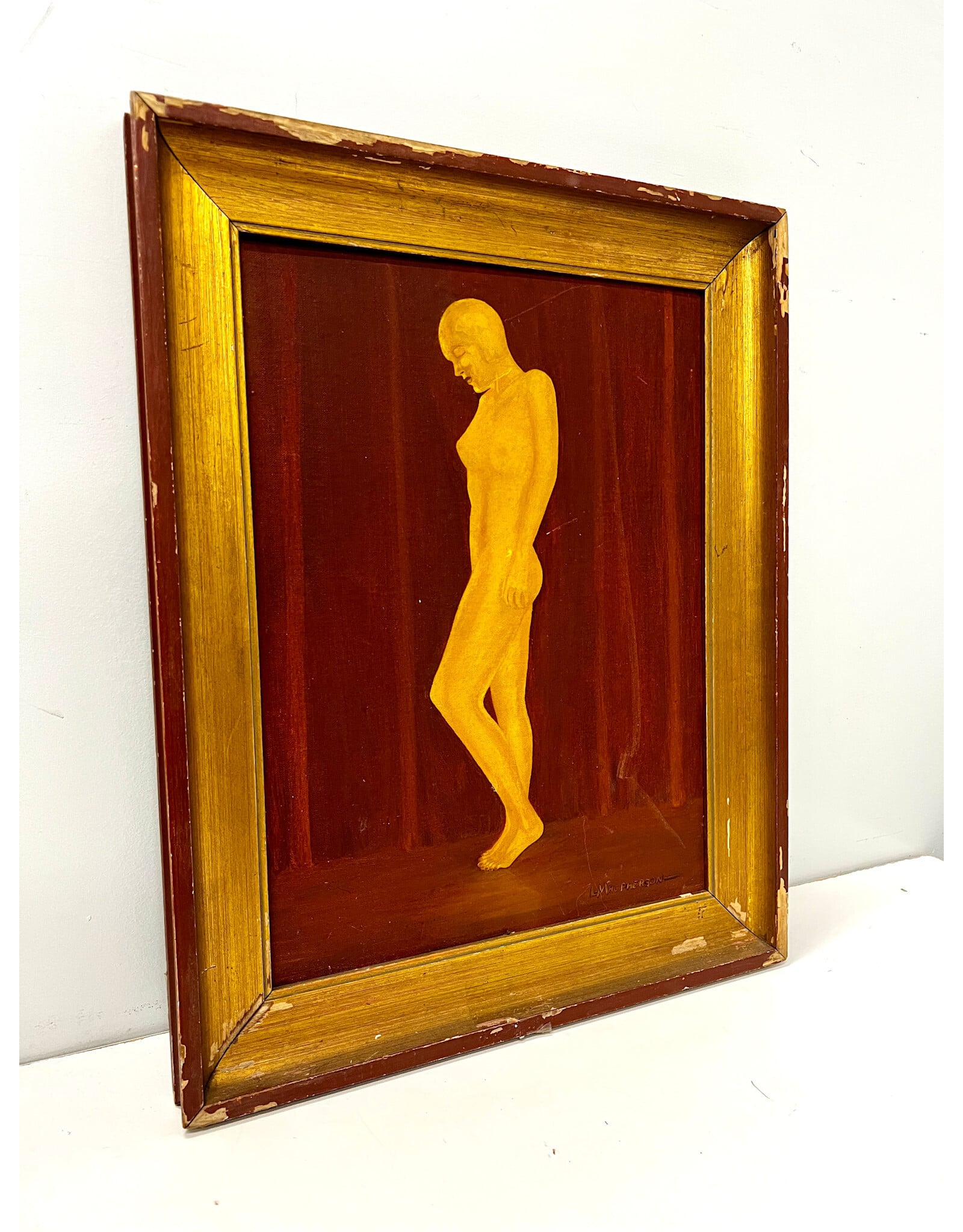 Golden Figure, framed painting on canvas, sgnd L. Macpherson