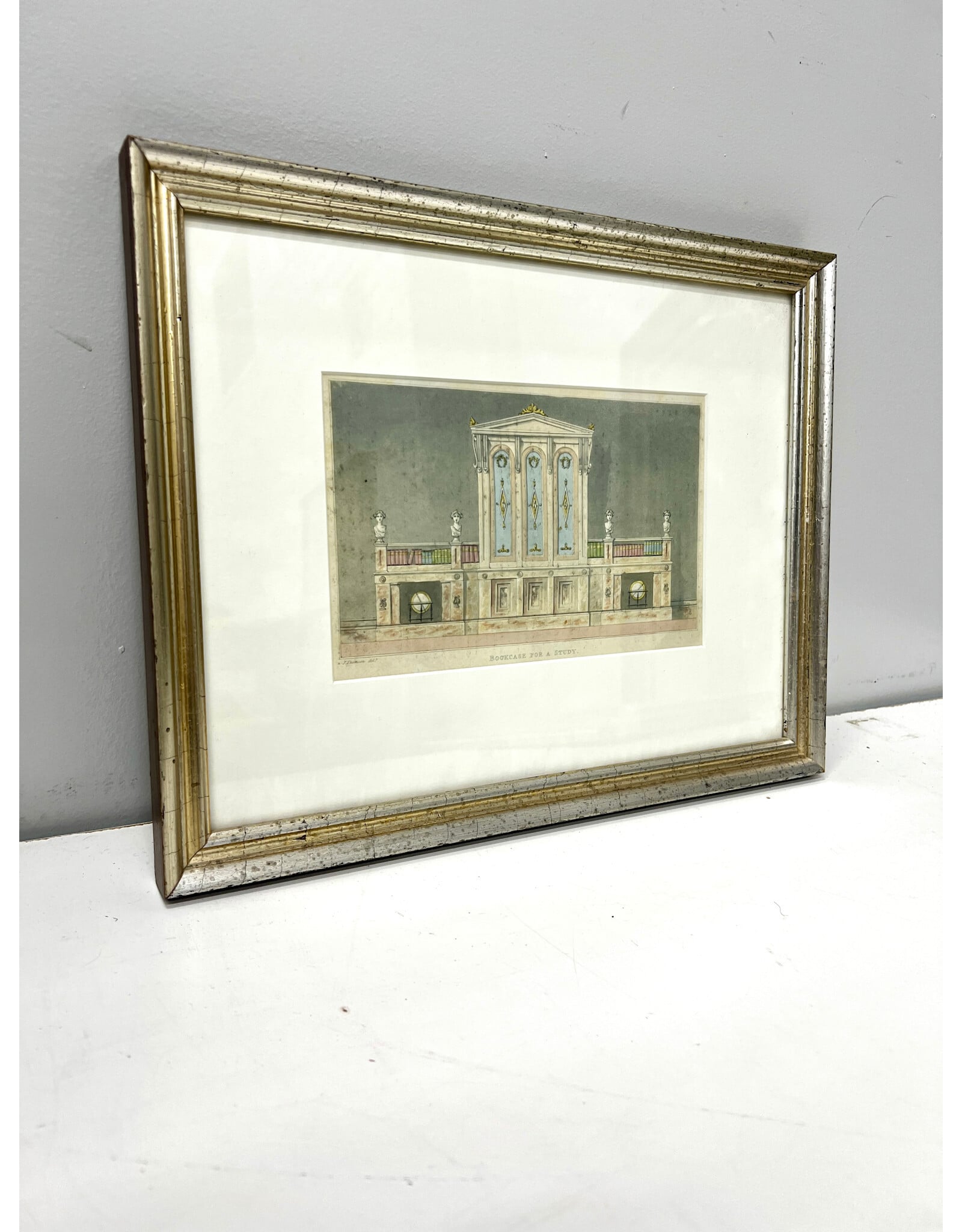 Bookcase for a Study from Rudolph Ackermann's Repository of Arts, framed antique colored engraving