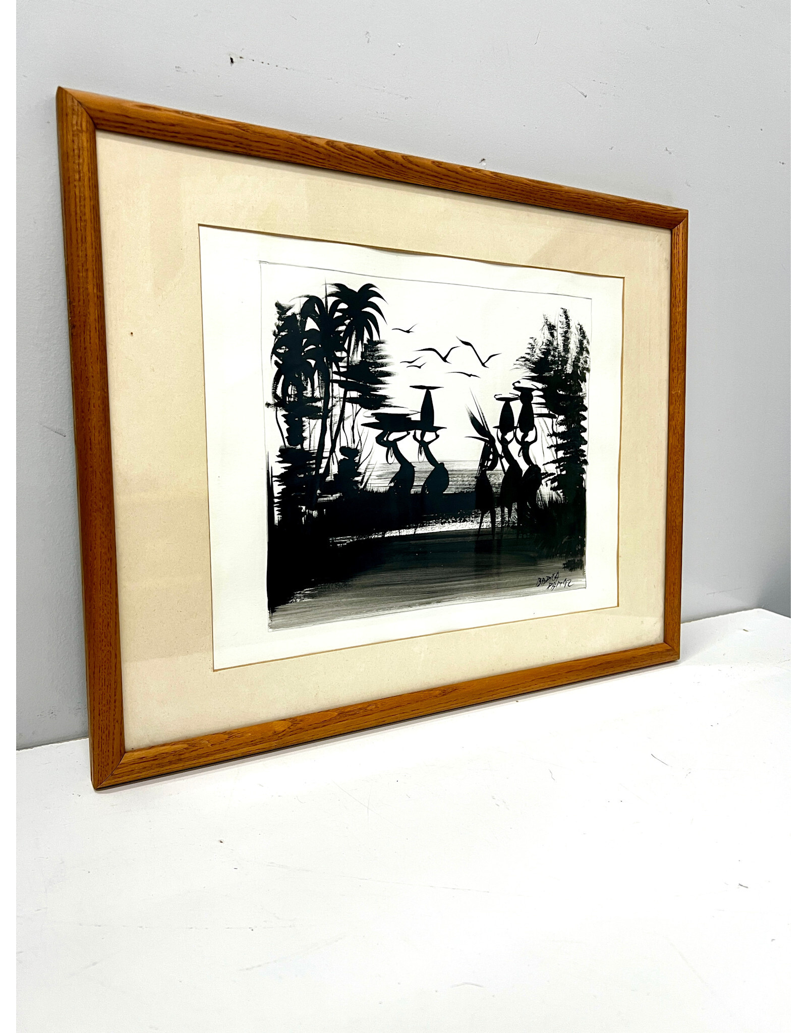 Waterfront, framed mid-century Tribal painting