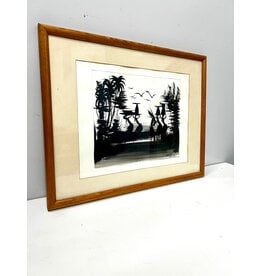 Waterfront, framed mid-century Tribal painting