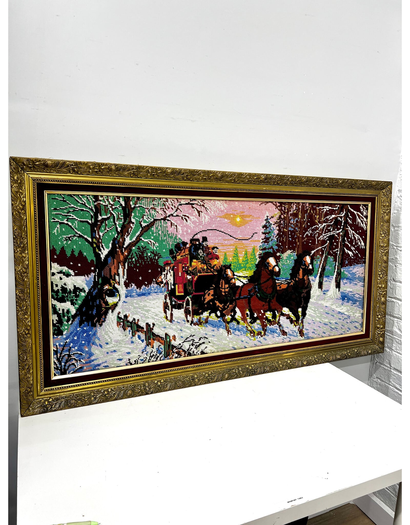 Royal Mail Coach, framed vintage needlepoint