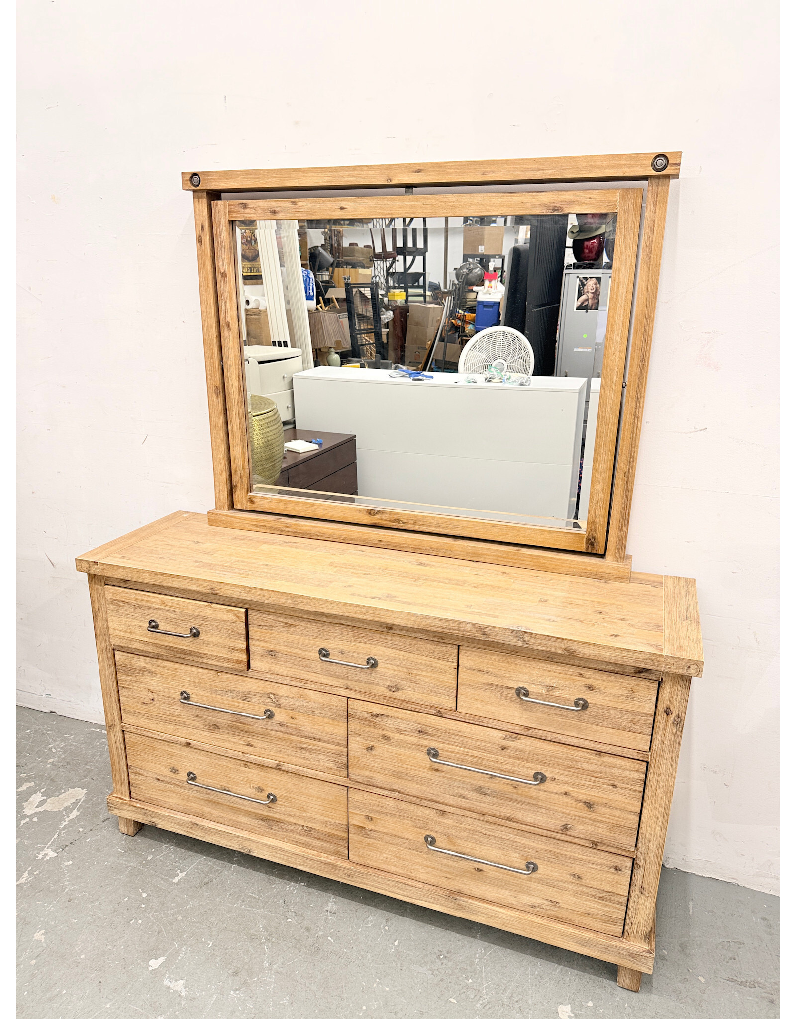 Rustic Wooden 7-Drawer Dresser with Attached Mirror
