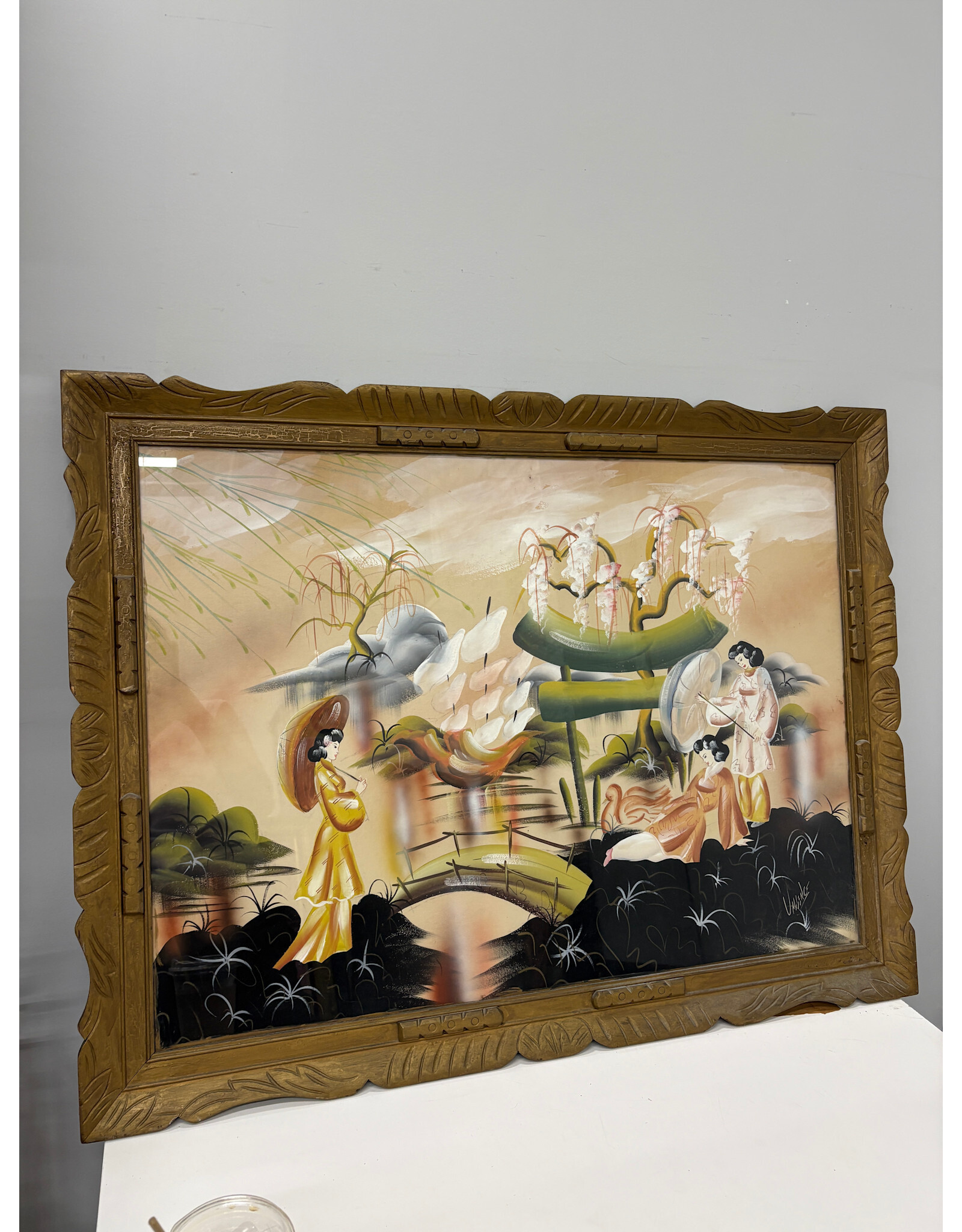 Geishas in a Dream, gouache painting, sgnd. Vallence