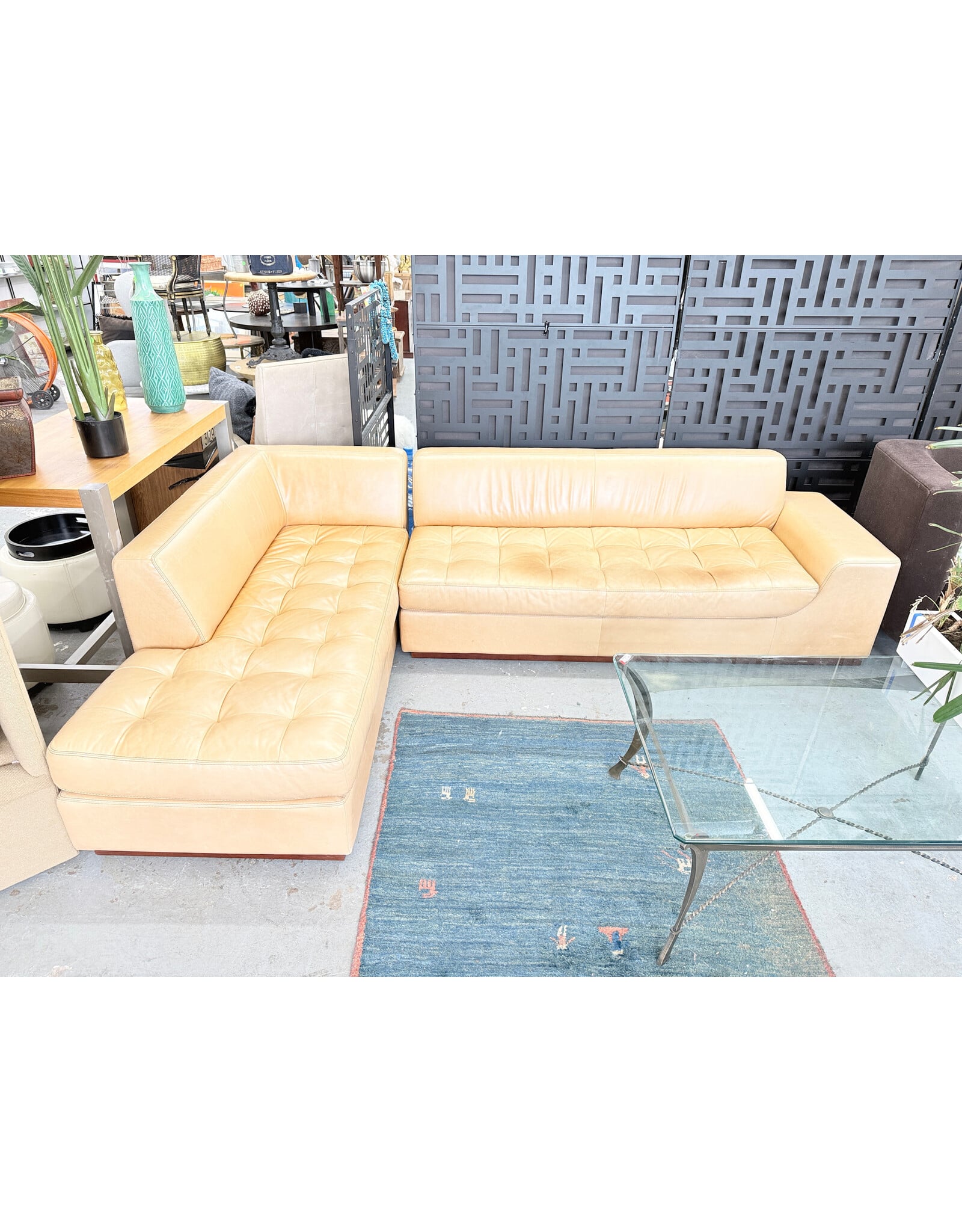Mid-Century Modern Style American Leather Tan Sectional Sofa