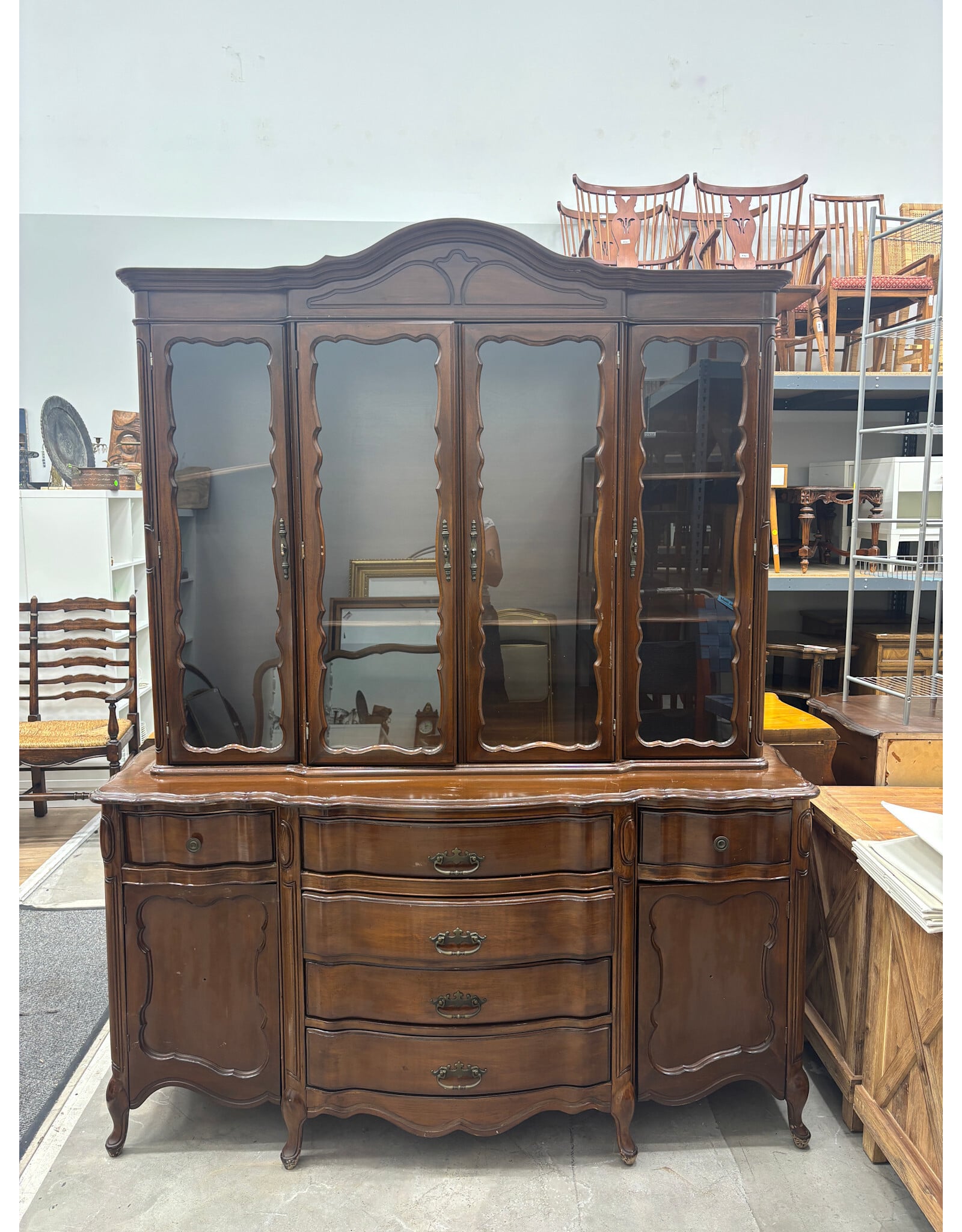 Vintage Wooden Breakfront China Cabinet