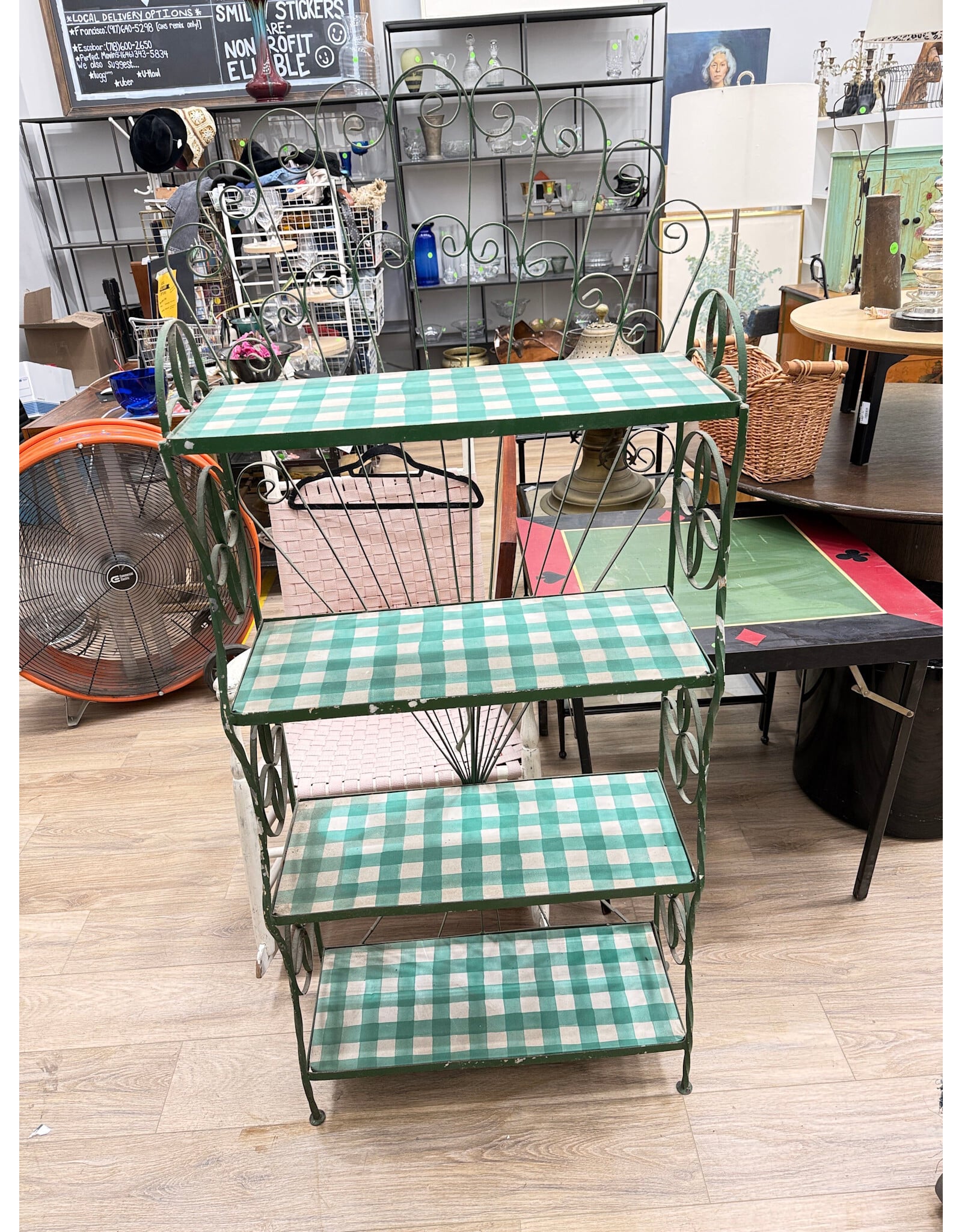 Vintage Green Gingham Metal Storage Rack