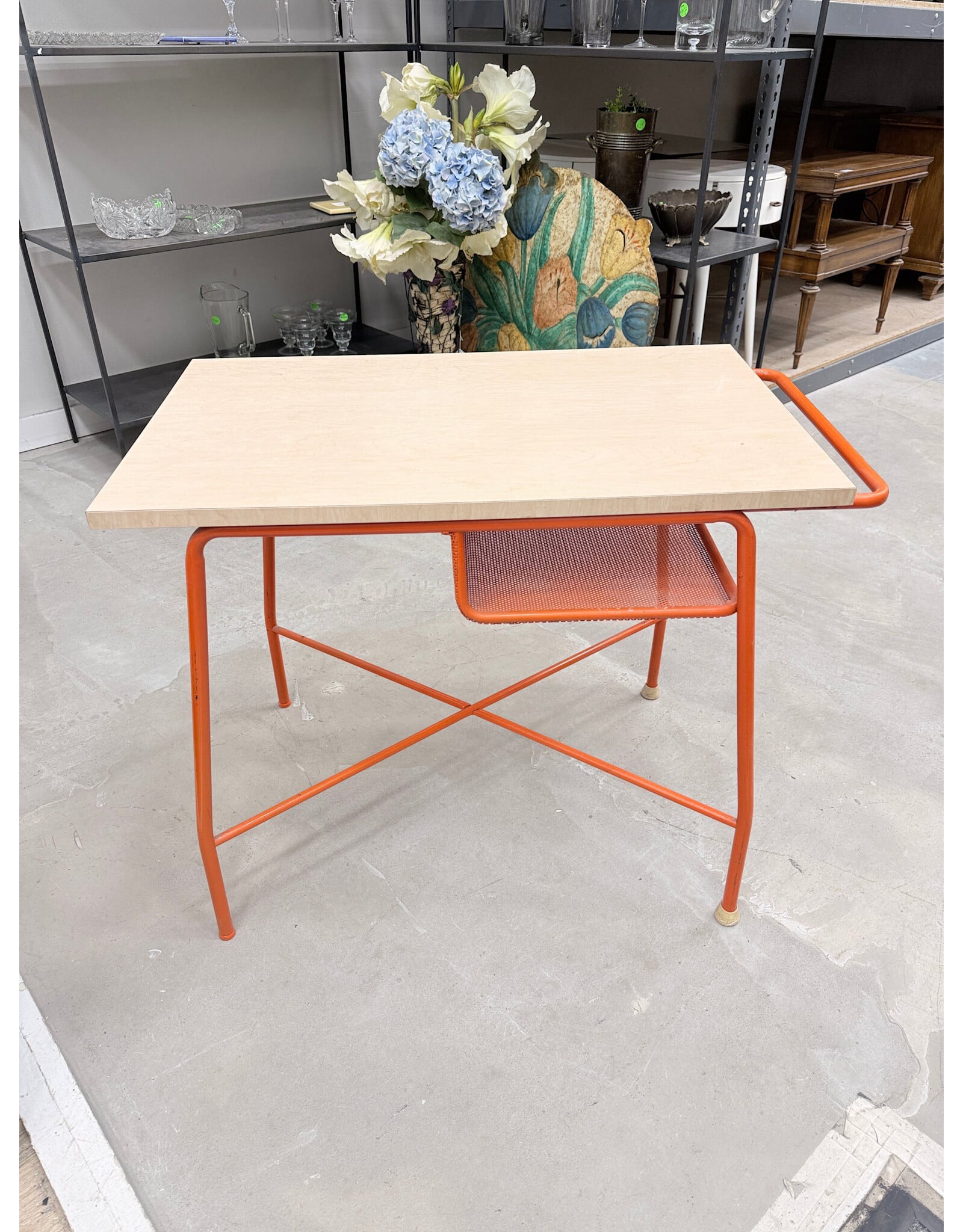 Small Desk with Orange Metal Base