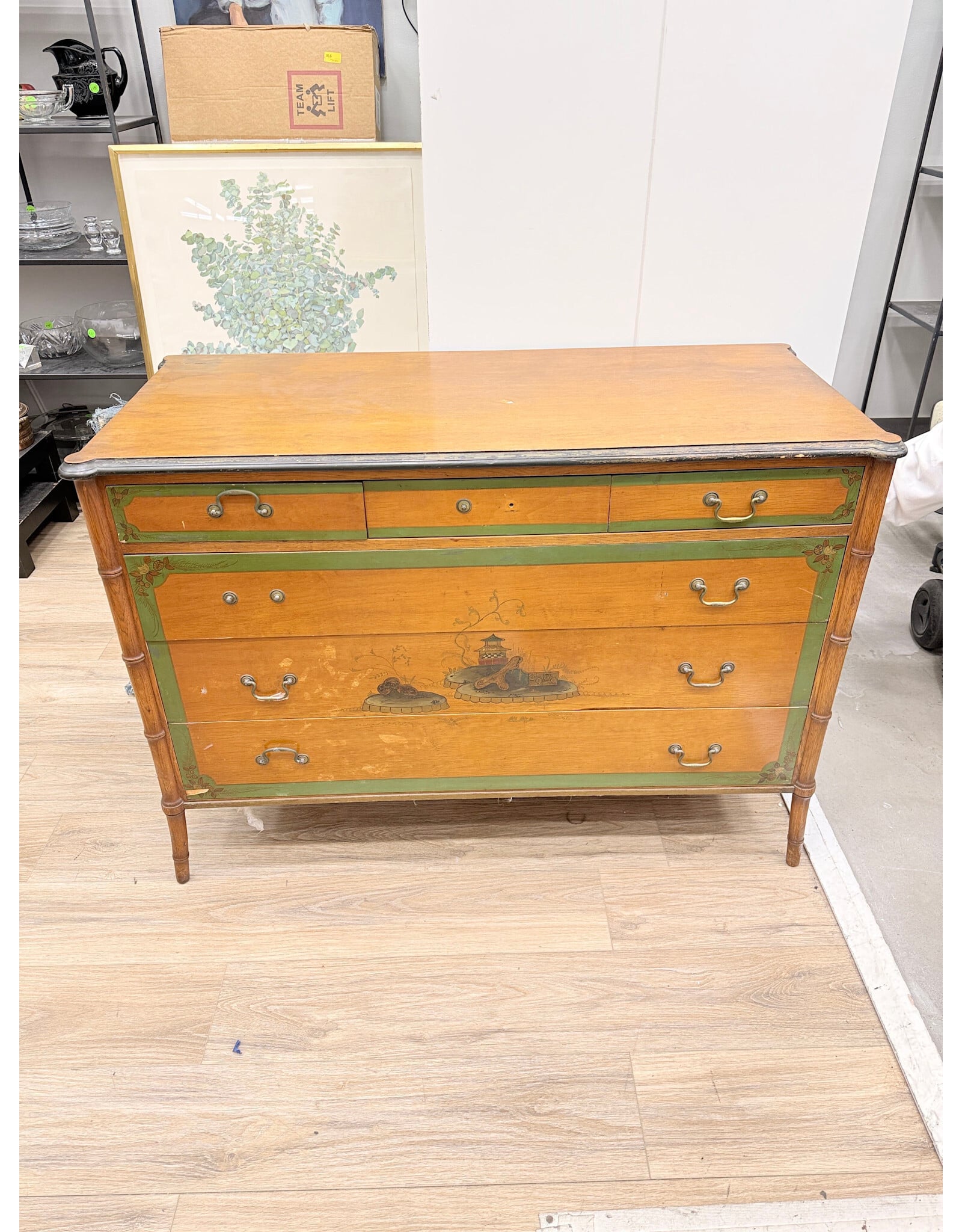 Vintage Wooden with Handpainted Island Motif 6-Drawer Dresser