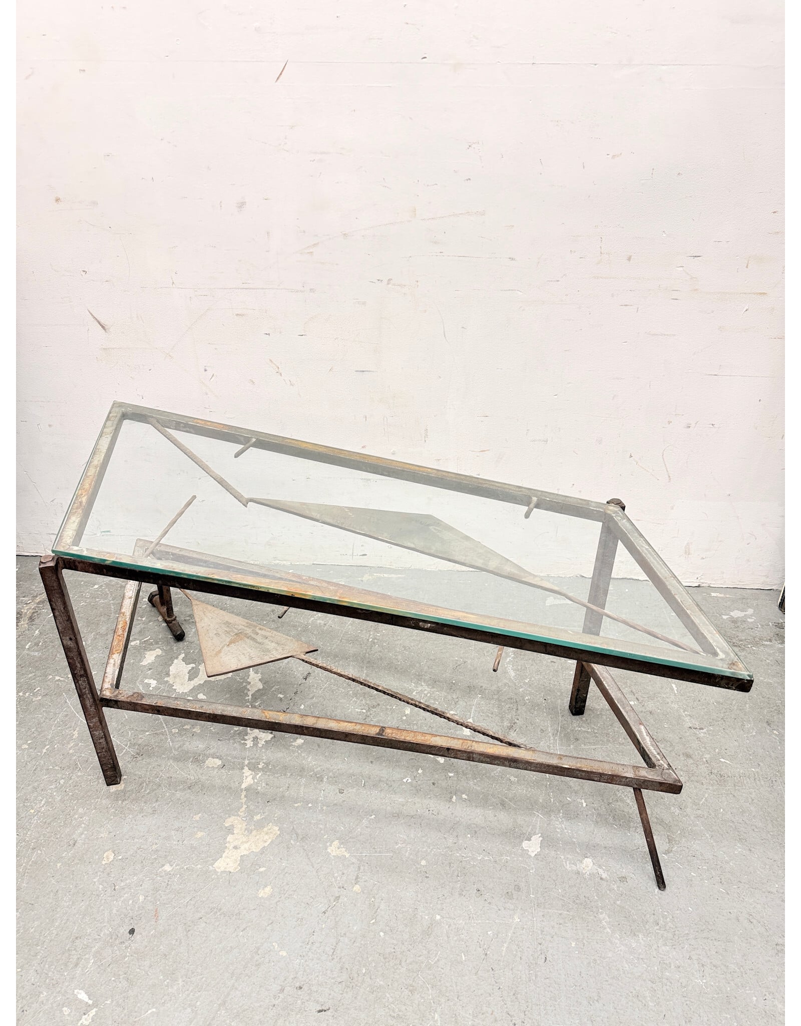 Industrial Modernism Glass-Top Geometric Metal Frame Coffee Table