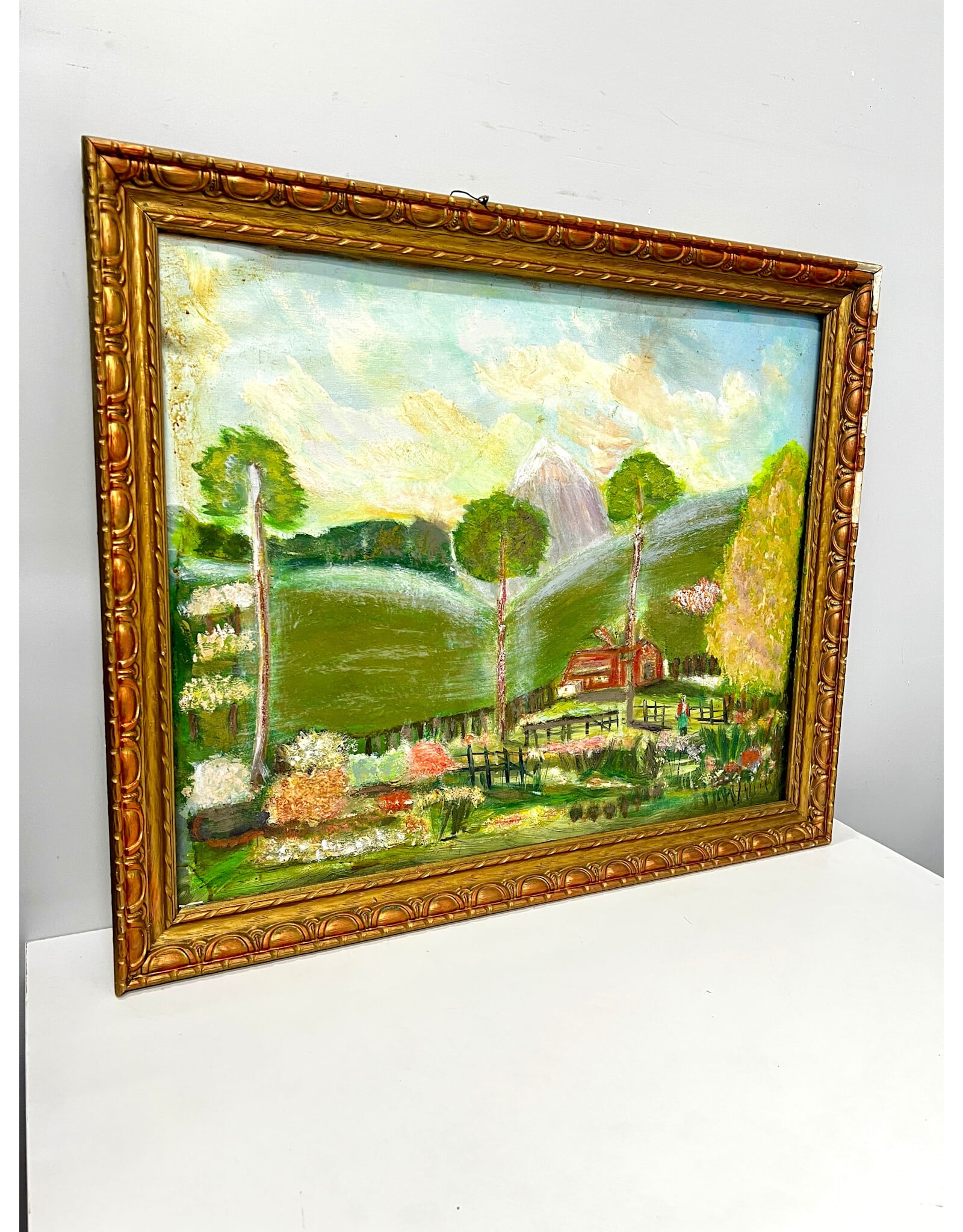 Farm, framed painting on canvas--AS IS