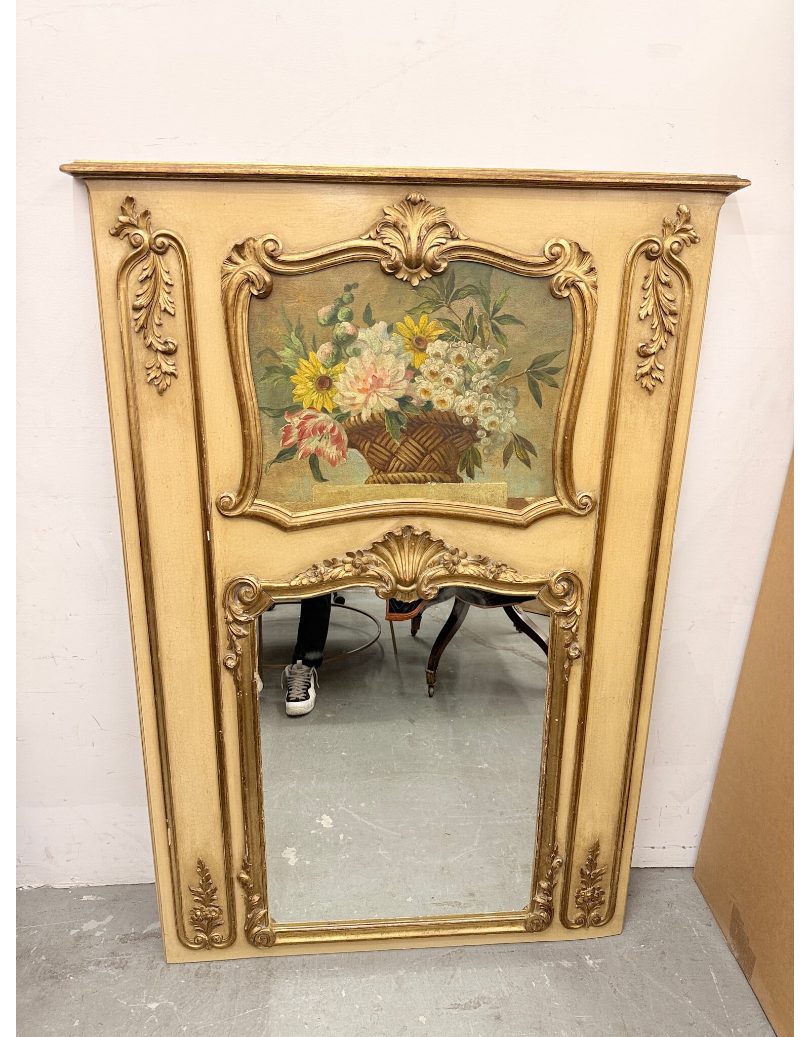 French Gilt Carved & Painted Trumeau Mirror