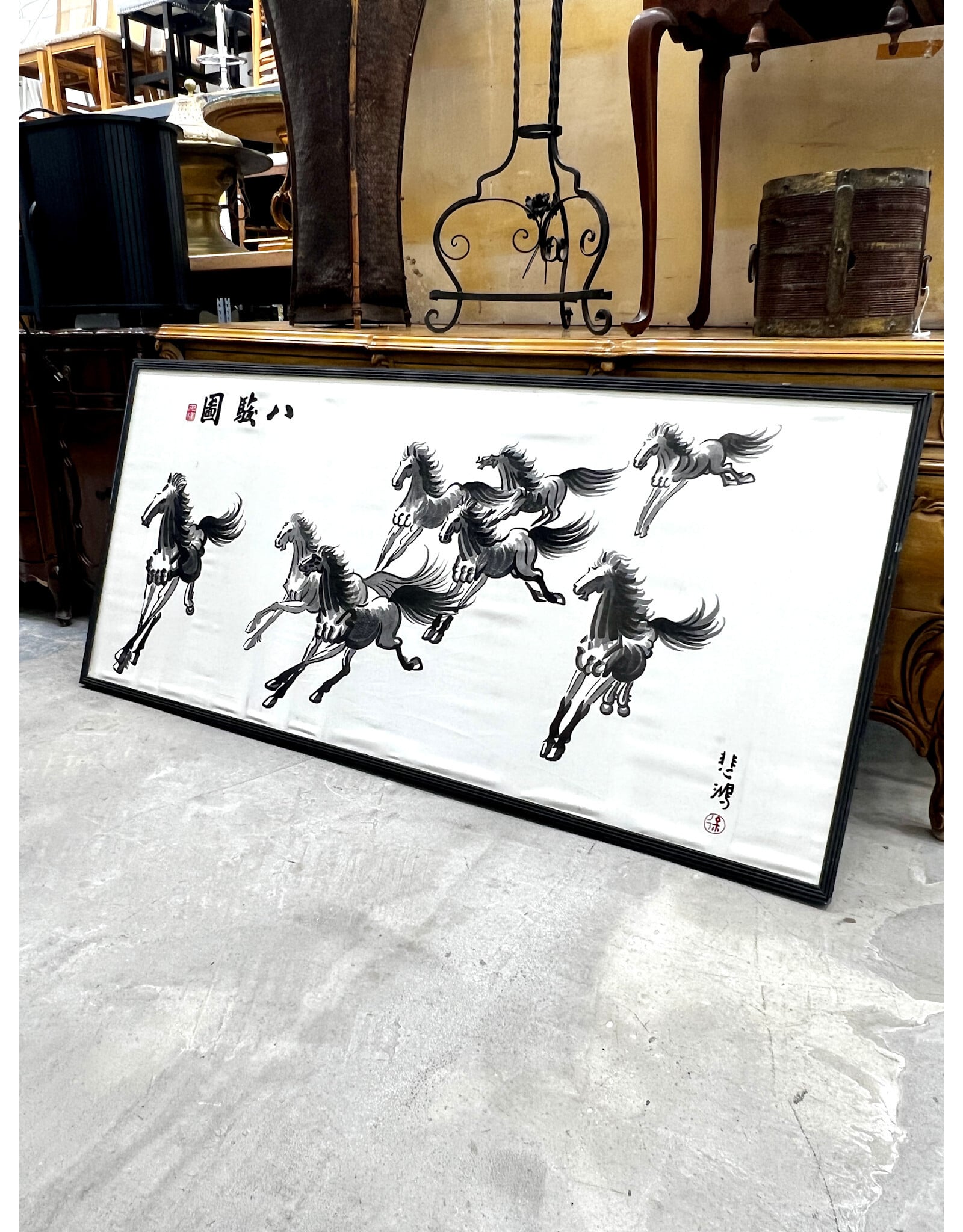 Eight Galloping Horses, framed Xu Beihong Style textile art
