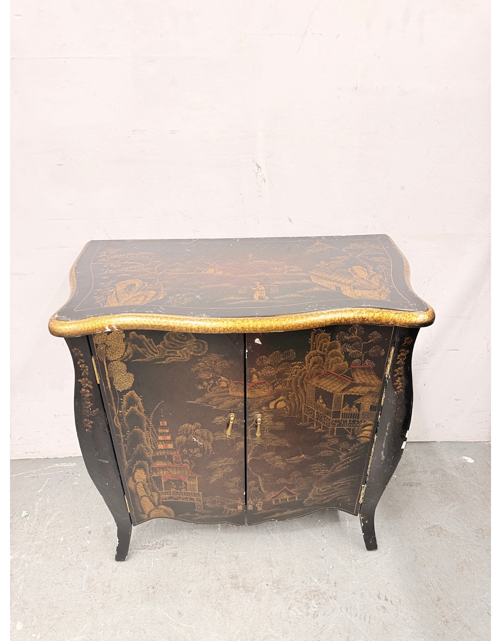 Vintage Style Black Lacquer Chinoiserie Commode