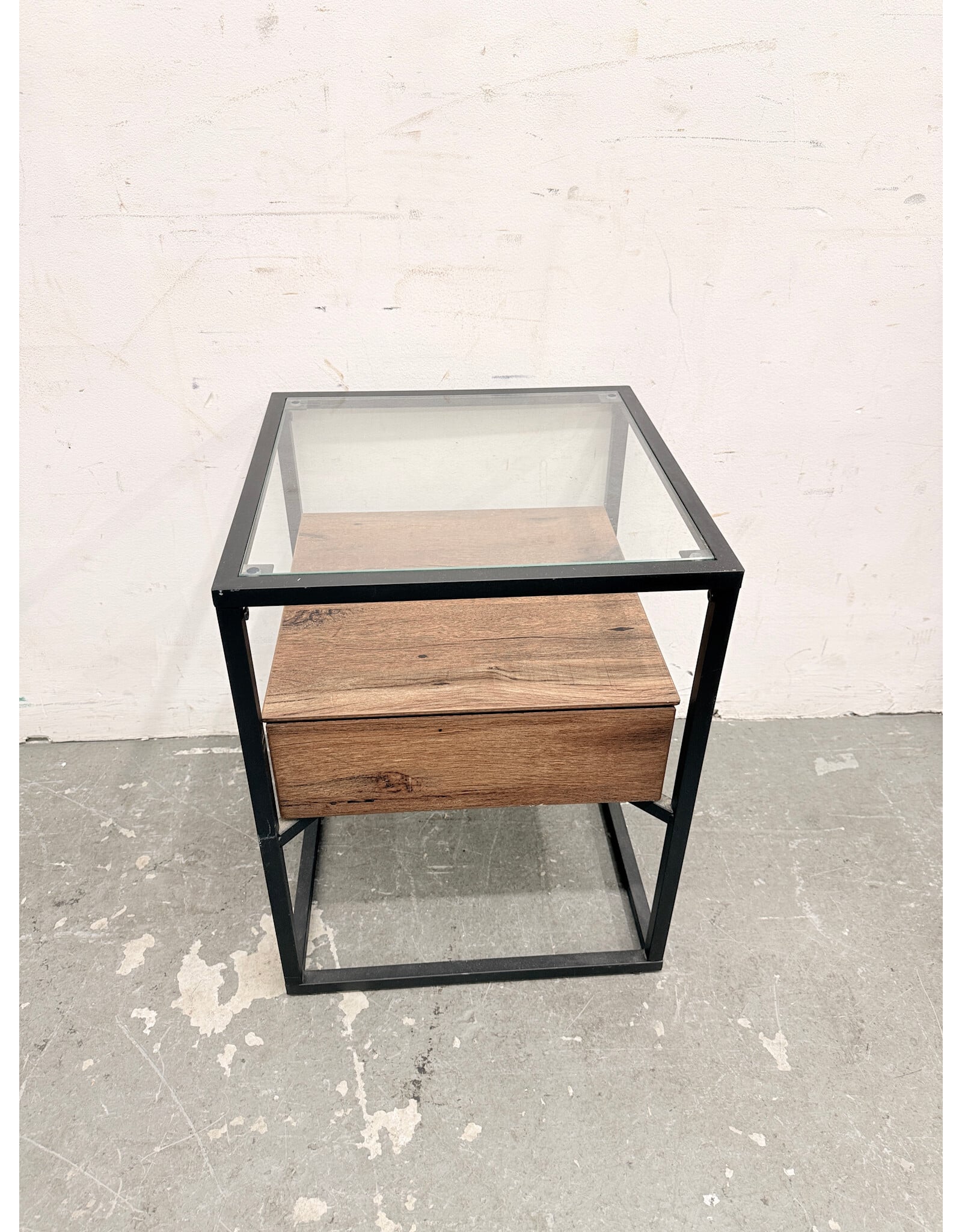 Industrial Style Glass Top, 1 Drawer End Table