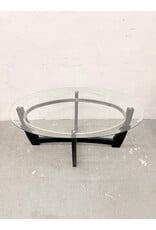 Contemporary Oval Glass, Wood Base Coffee Table