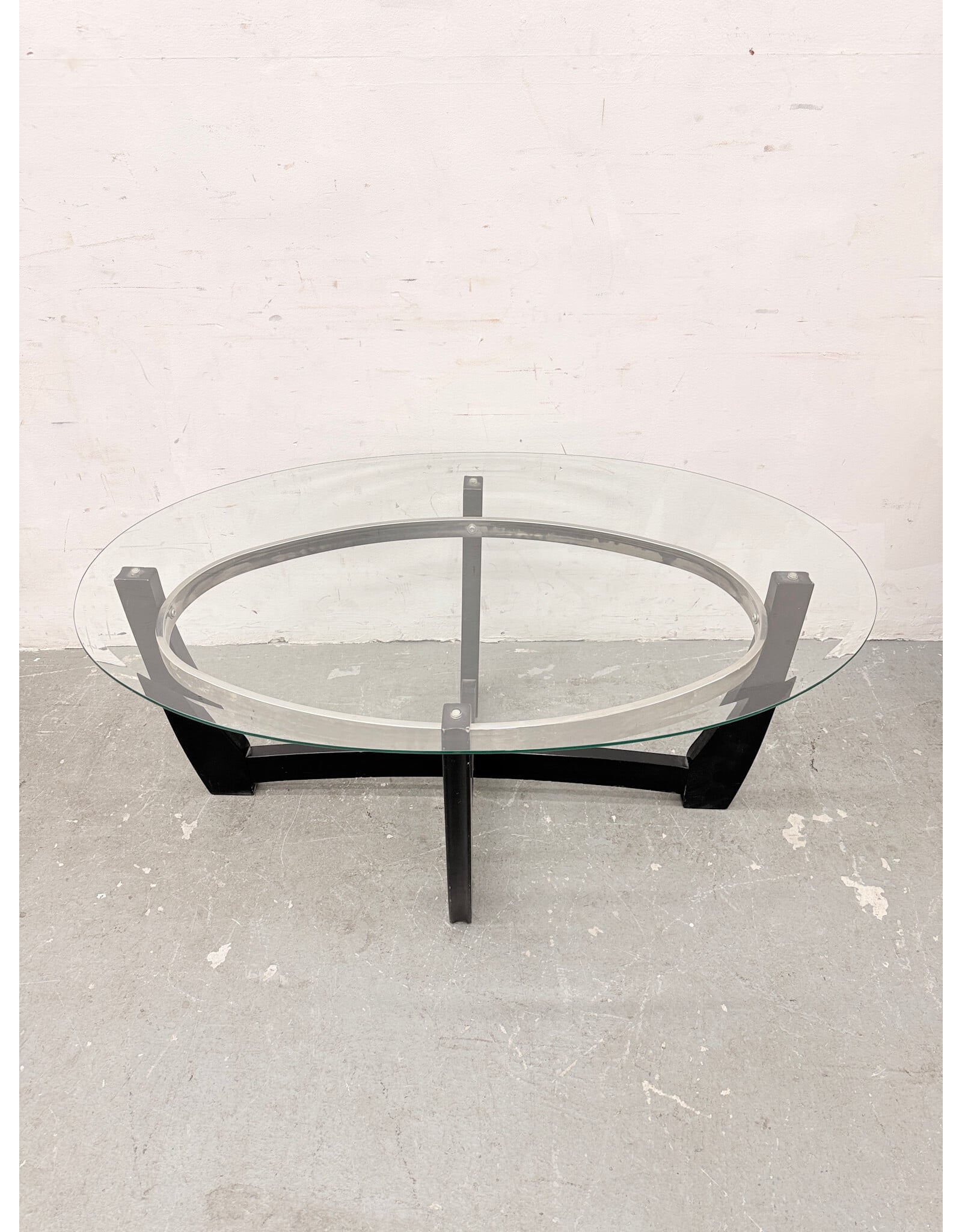 Contemporary Oval Glass, Wood Base Coffee Table