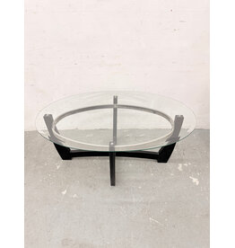Contemporary Oval Glass, Wood Base Coffee Table