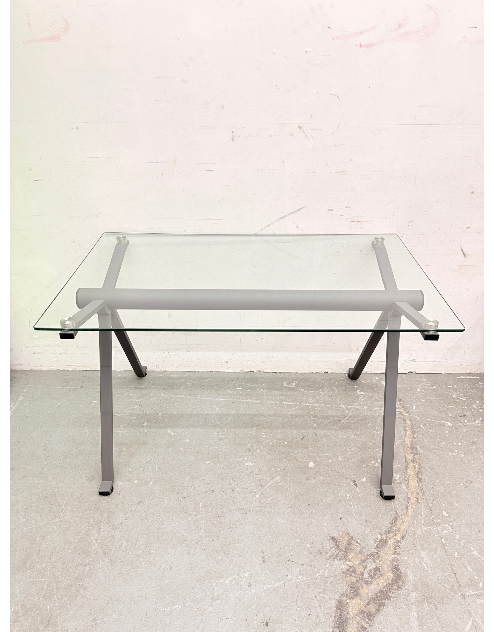 Modern Glass Top & Grey Metal Tubular Frame Desk