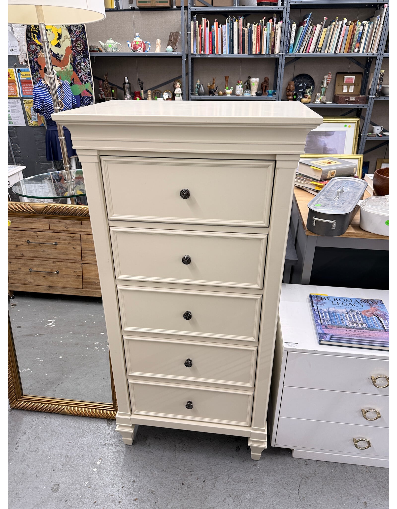 Traditional 5-Drawer Tall Wood Chest in Cream